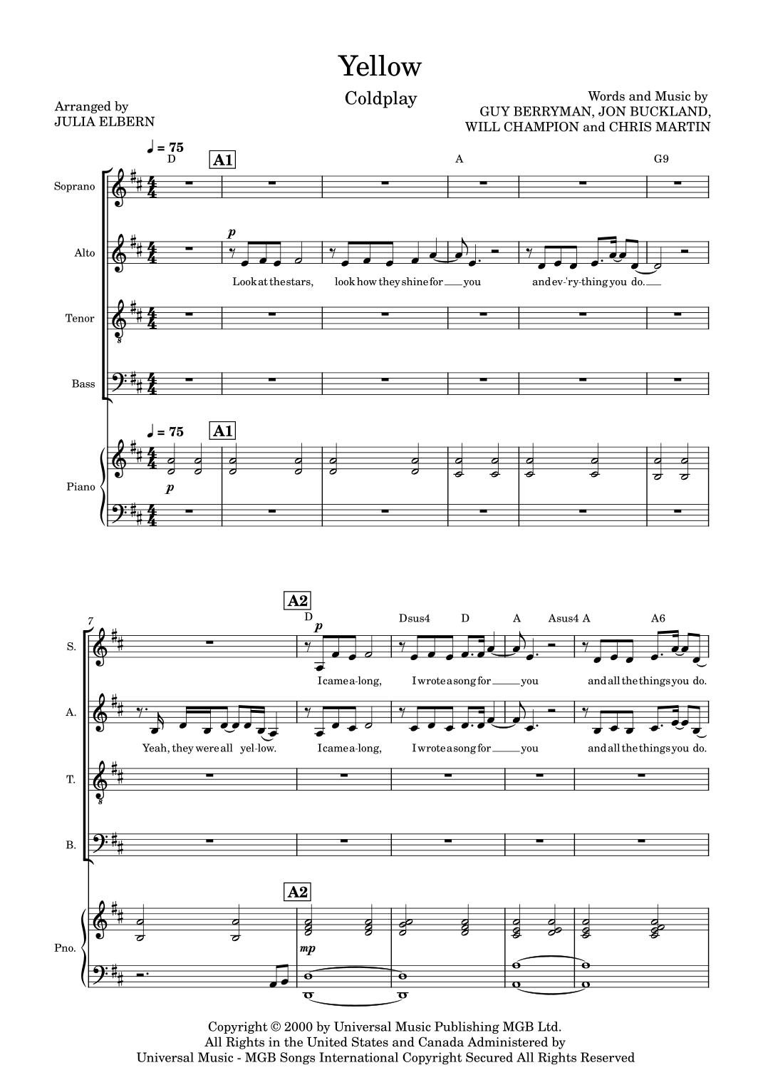 Yellow Score Singer Yellow by Coldplay Sheet Music for SATB Choir (arr. Julia Elbern) at ...