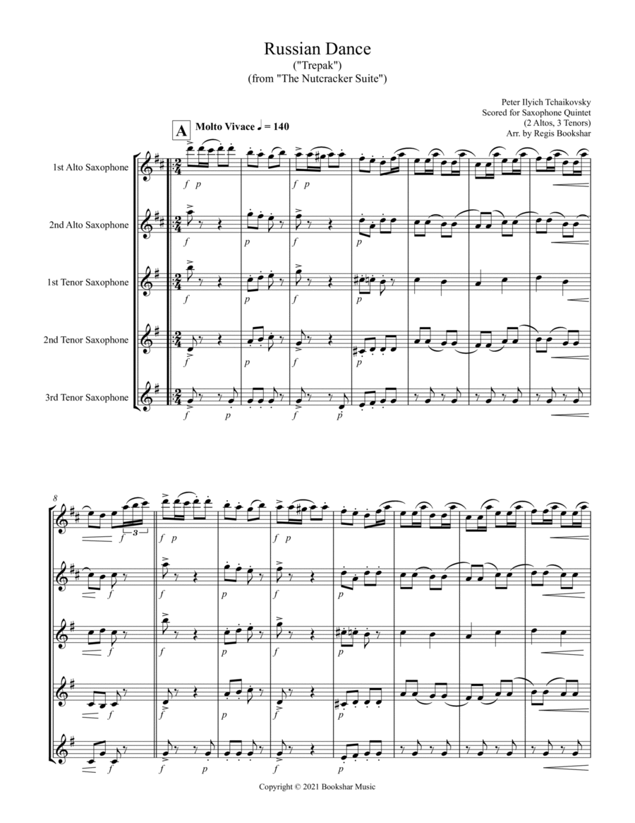 Russian Dance ("Trepak") (from "The Nutcracker Suite") (F) (Saxophone Quintet - 2 Alto, 3 Tenor) (arr. Regis Bookshar) Partituras Digitales