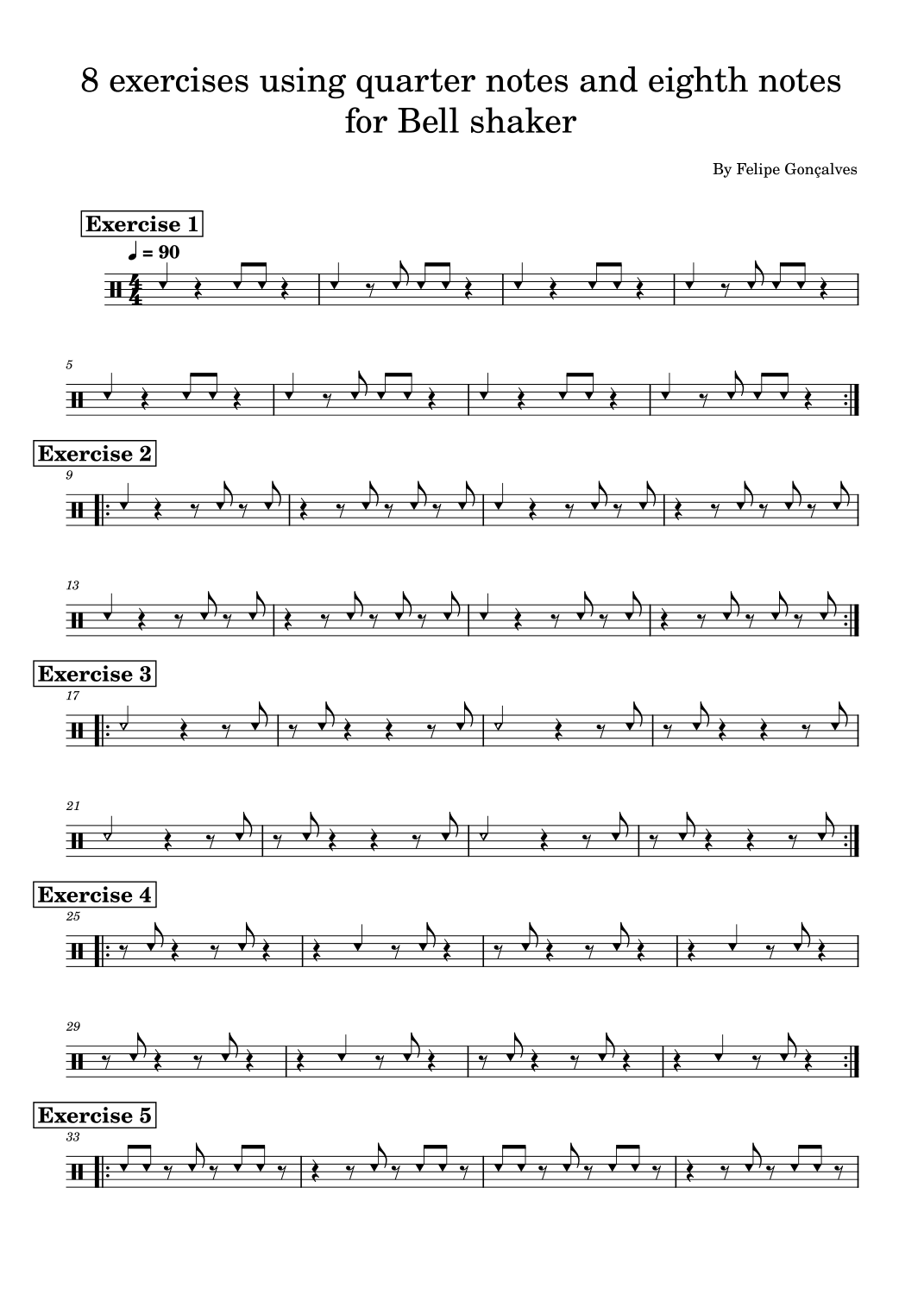 Bell Kit Percussion Notes.pdf 8 exercises using quarter notes and eighth notes for Bell shaker par ...