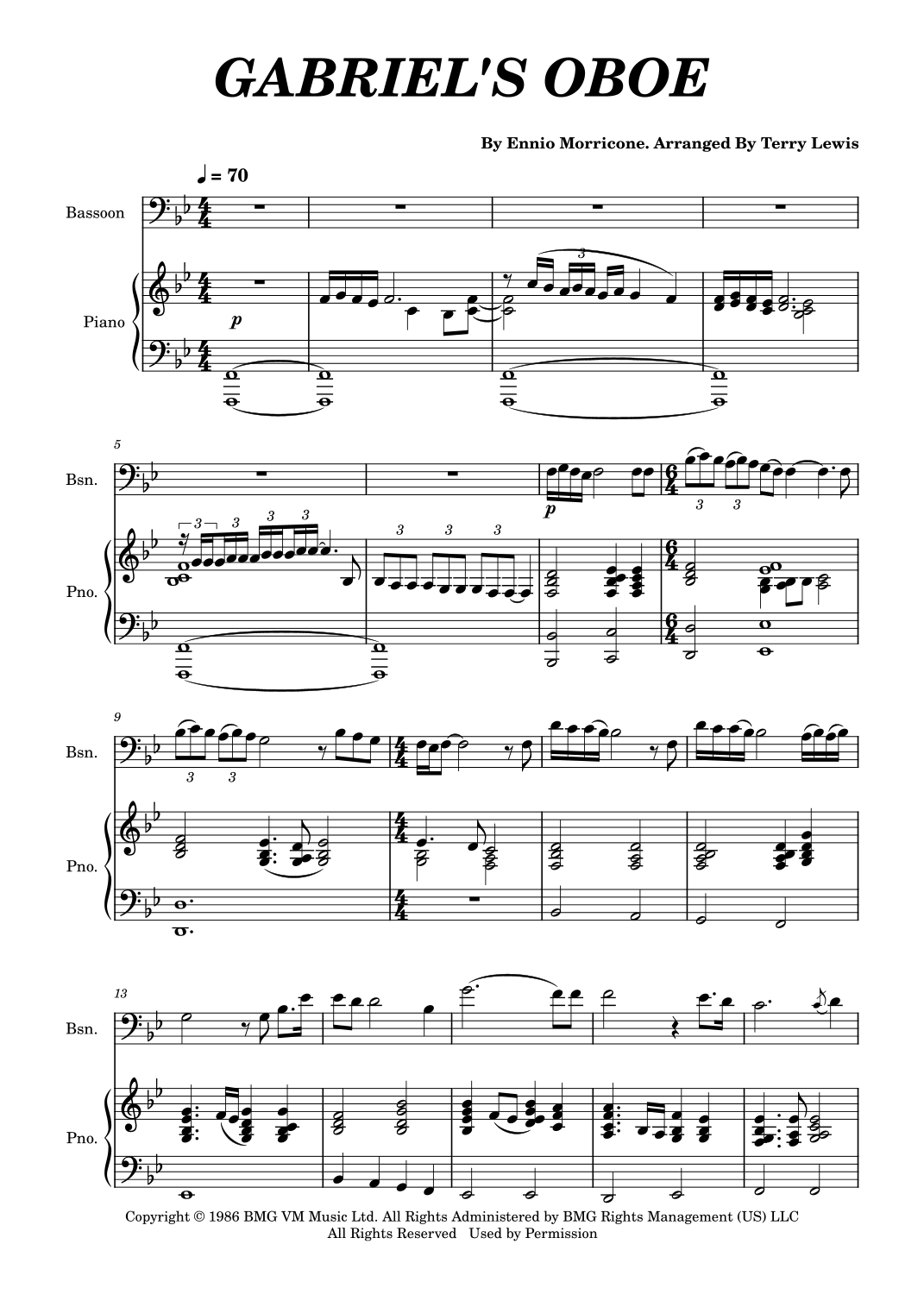 Gabriel's Oboe (arr. Terry Lewis) by Ennio Morricone Bassoon and Piano
