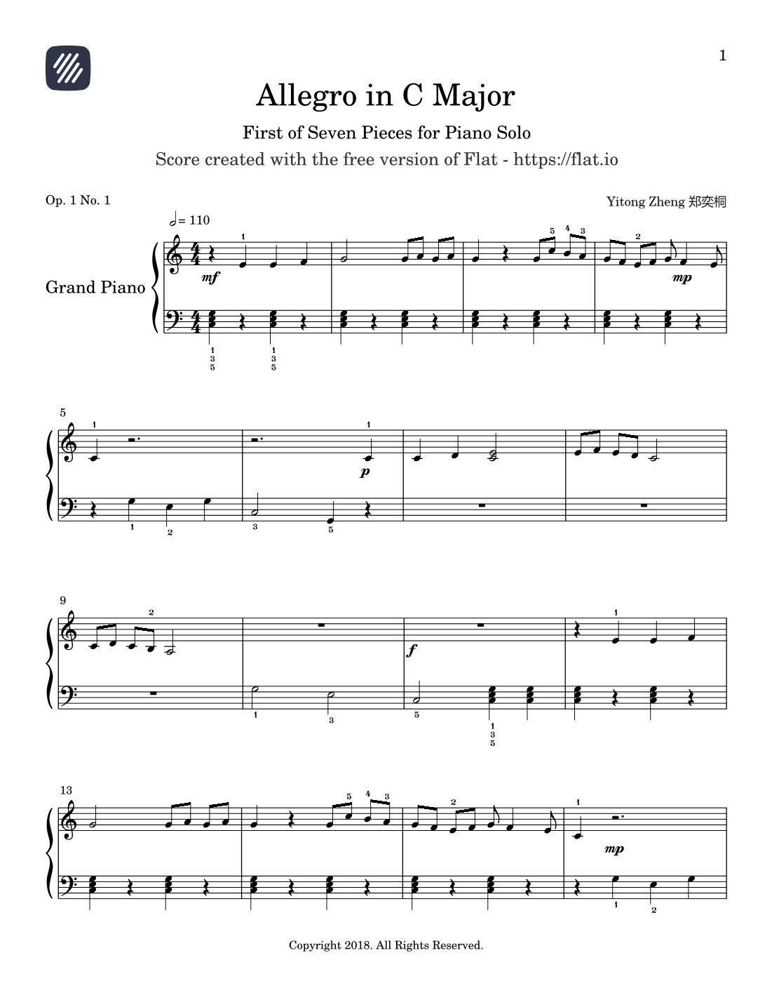 Allegro in C Major Op. 1 No. 1 by Yitong Zheng Sheet Music for Piano ...