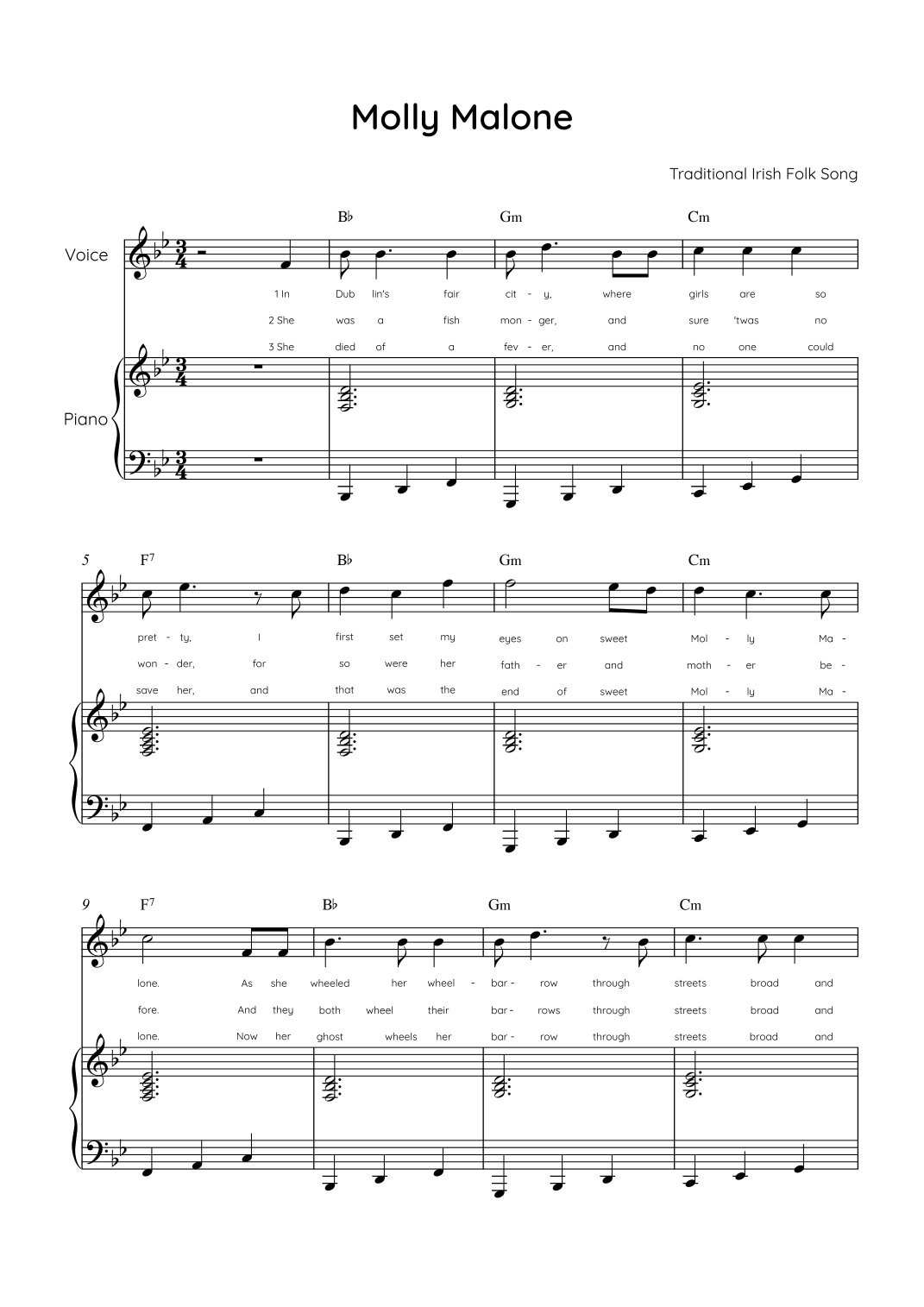 Molly Malone - Voice & Piano in Bb With Chords & Lyric - Easy (arr ...