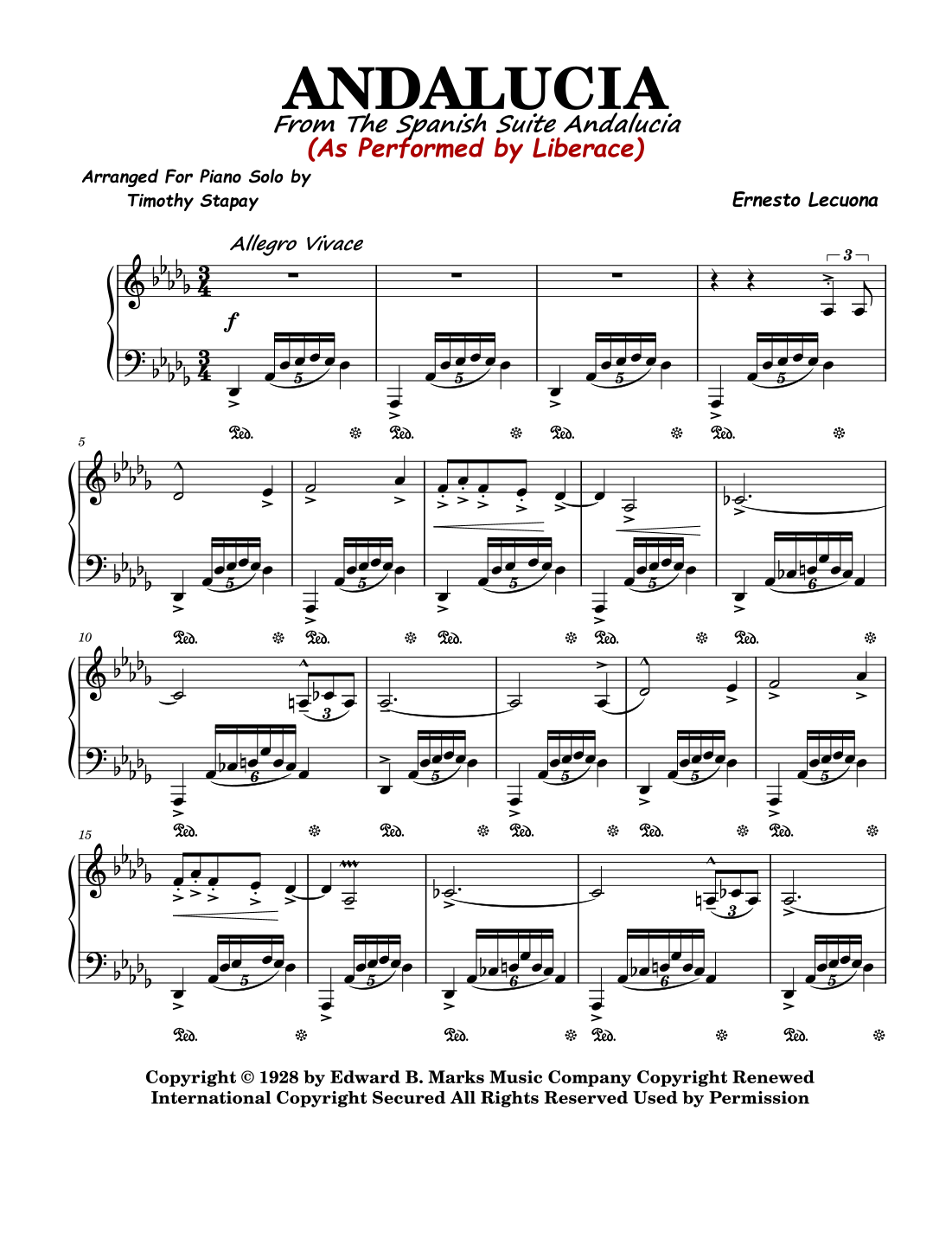 Andalucia by Ernesto Lecuona Sheet Music for Piano Solo (arr