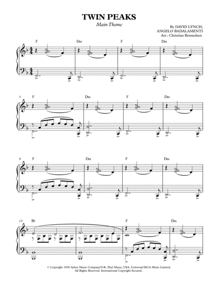 Twin Peaks Theme by David Lynch Sheet Music for Piano Solo (arr