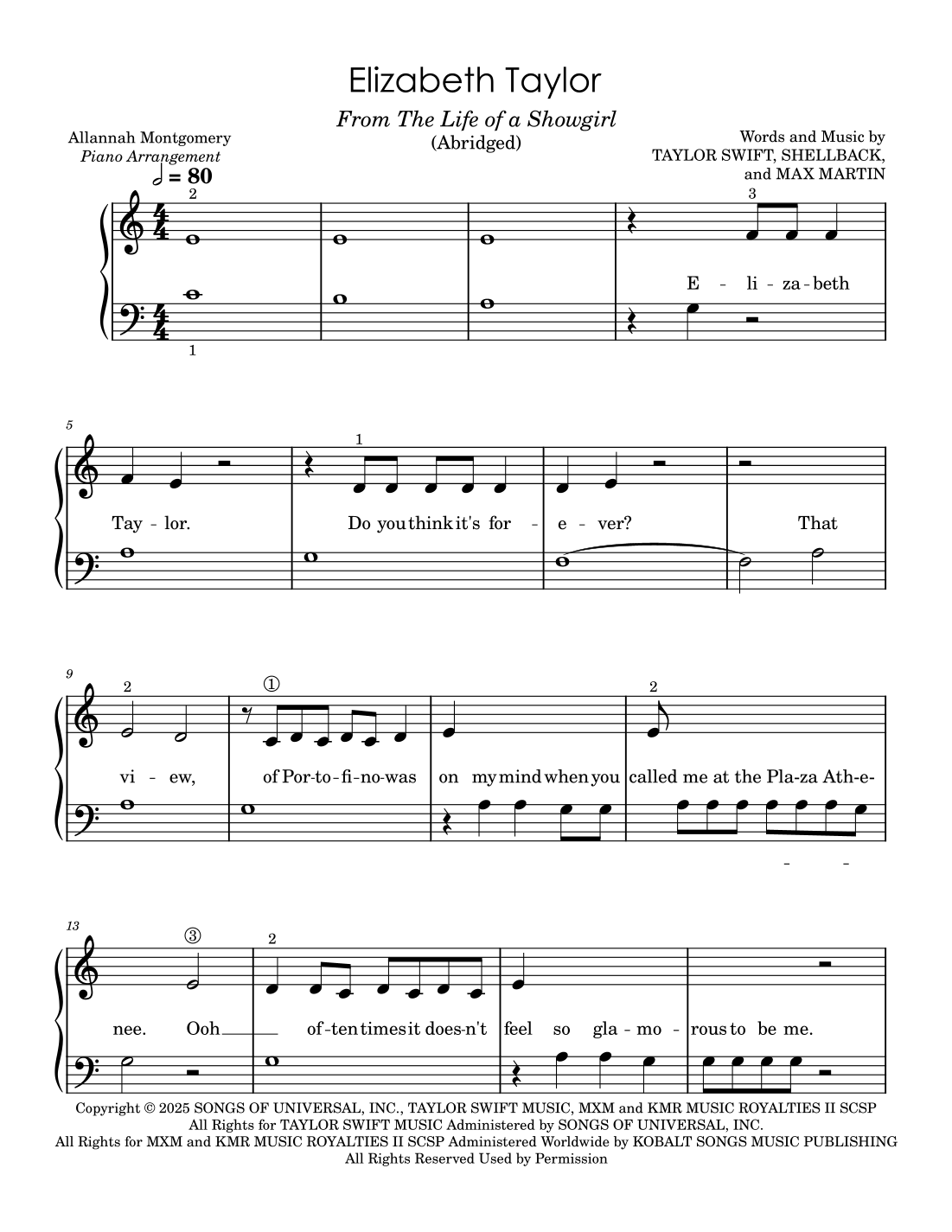 Elizabeth Taylor (arr. Allannah Montgomery) by Taylor Swift Sheet