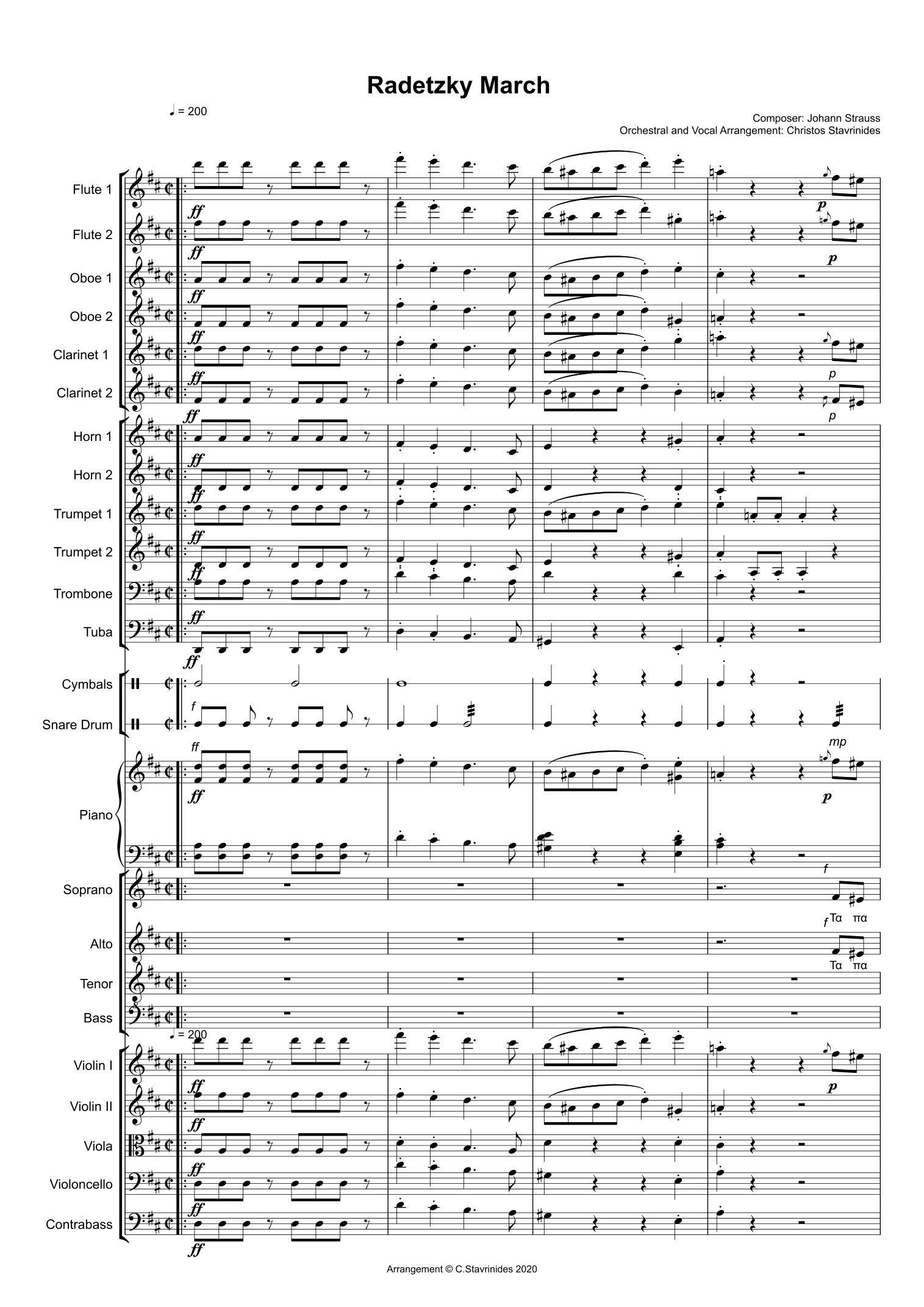 拉德茨基进行曲 Radetzky March — 适用于混声合唱(SATB)与交响乐团(Christos Stavrinides 编曲),Johann Strauss I 作曲,管弦乐团总谱 - 预览