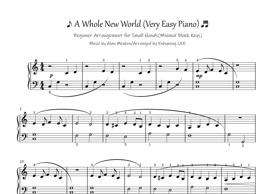 A Whole New World by Tim Rice Sheet Music for Easy Piano (arr. Enhyeong ...