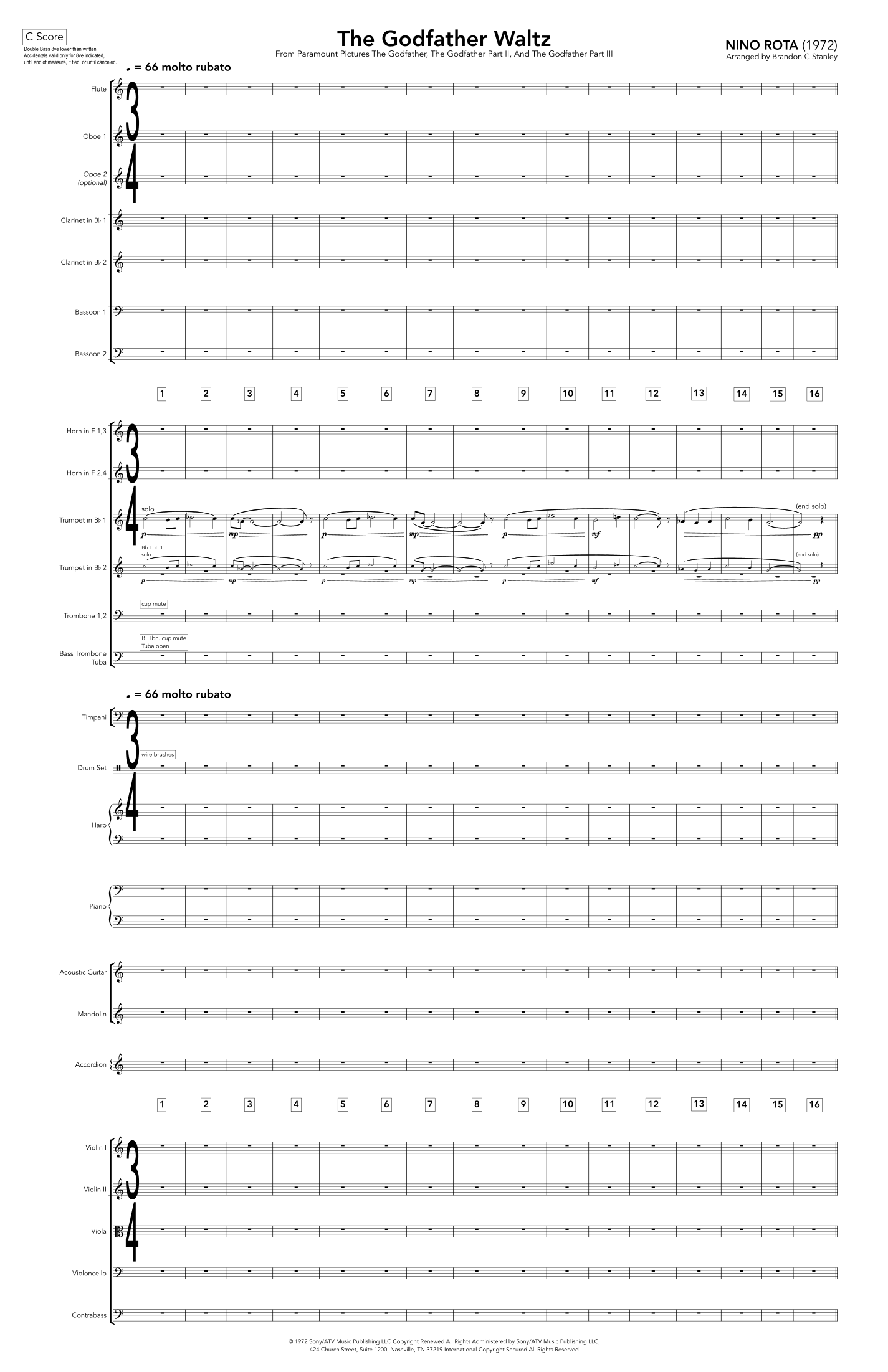 《教父华尔兹》仅总谱 The Godfather Waltz - Score Only (arr. Brandon C Stanley) by Nino Rota 管弦乐团 - 预览