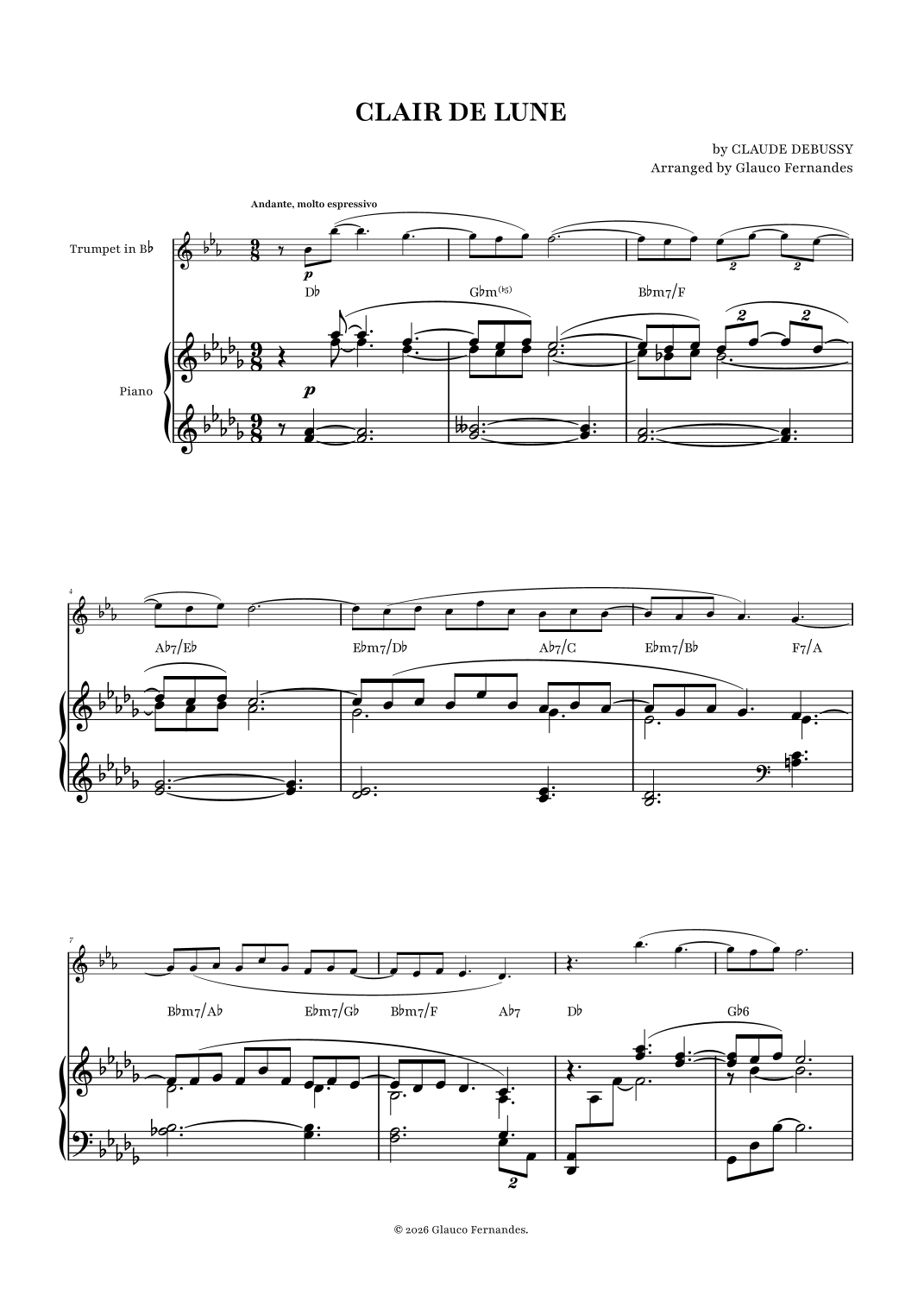 CLAIR DE LUNE - CLAUDE DEBUSSY | TRUMPET AND PIANO WITH CHORDS (ARR ...