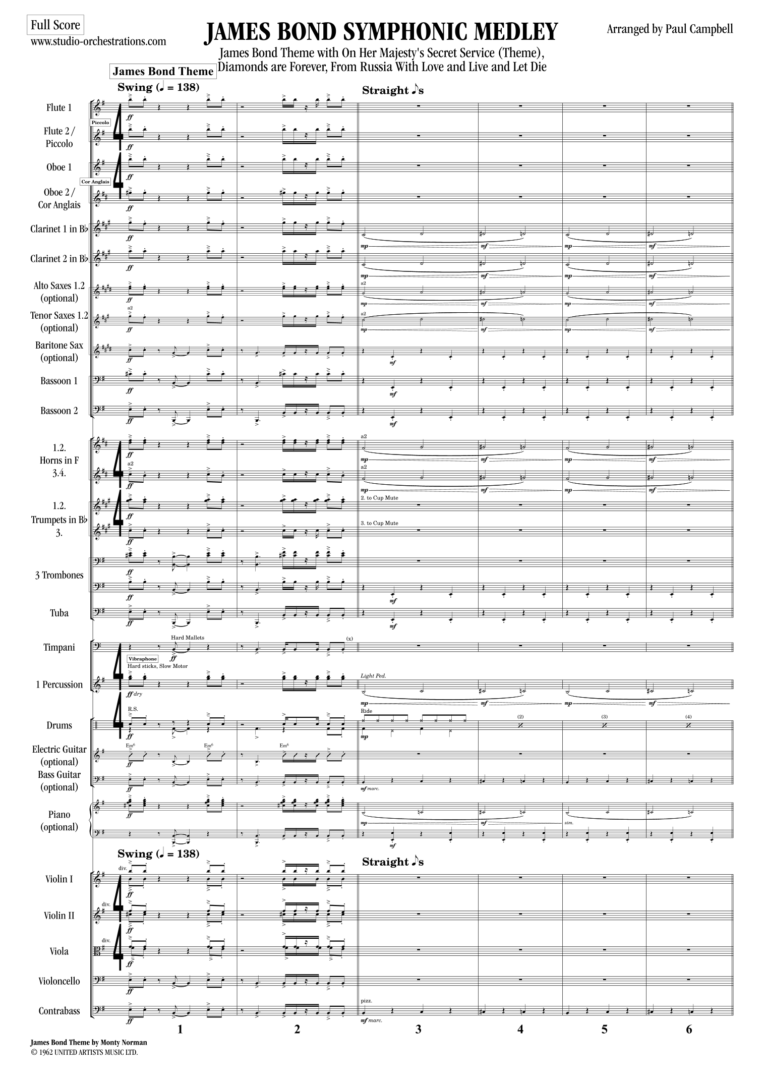 Medley: James Bond Theme with On Her Majesty's Secret Service - Theme, Diamonds Are Forever, From... (arr. Paul Campbell / Studio Orchestrations) by Paul Campbell / Studio Orchestrations Full Orchestra