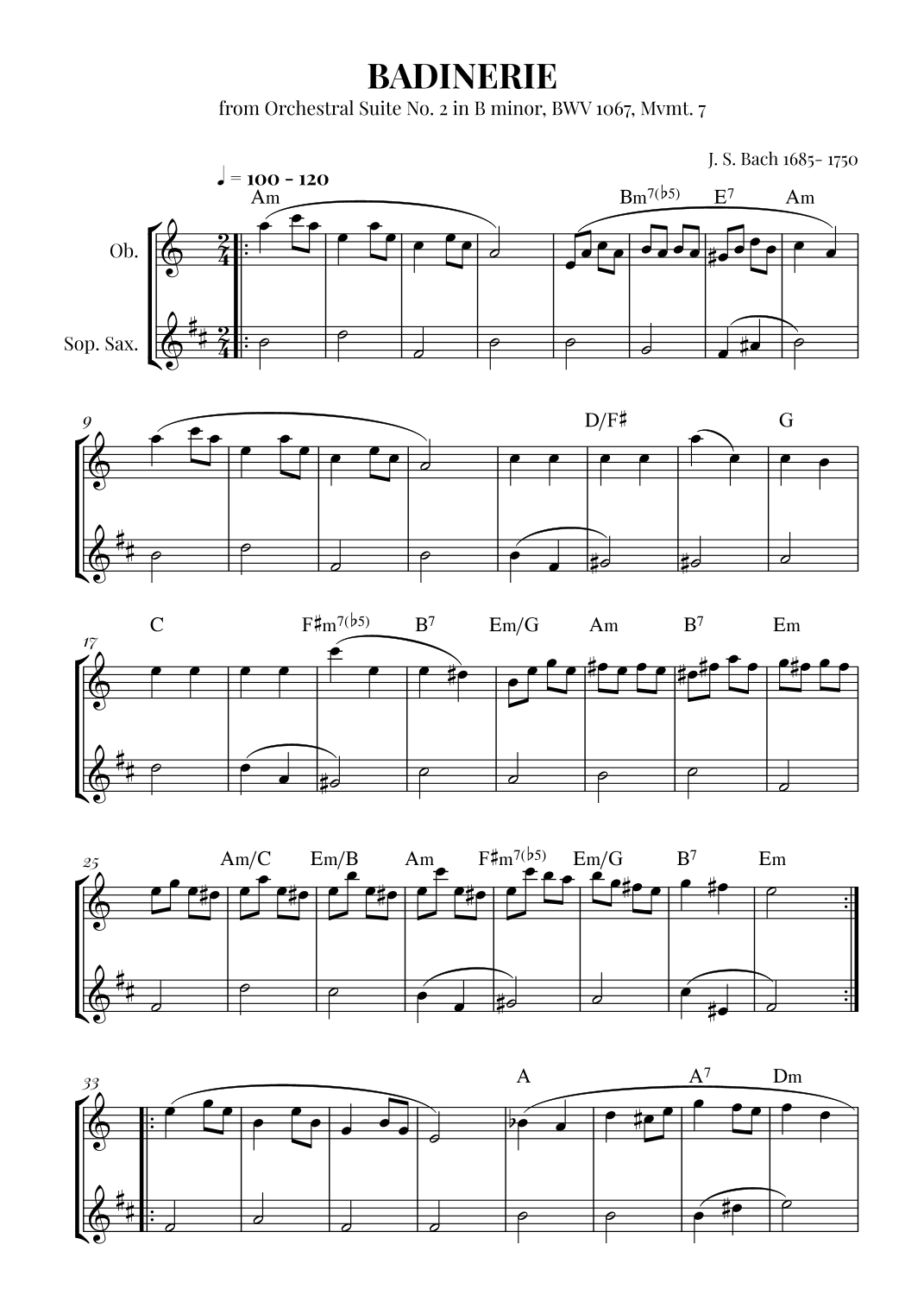 Saxoboe Badinerie (BWV 1067) – Easy Oboe & Soprano Sax with Chords (arr ...