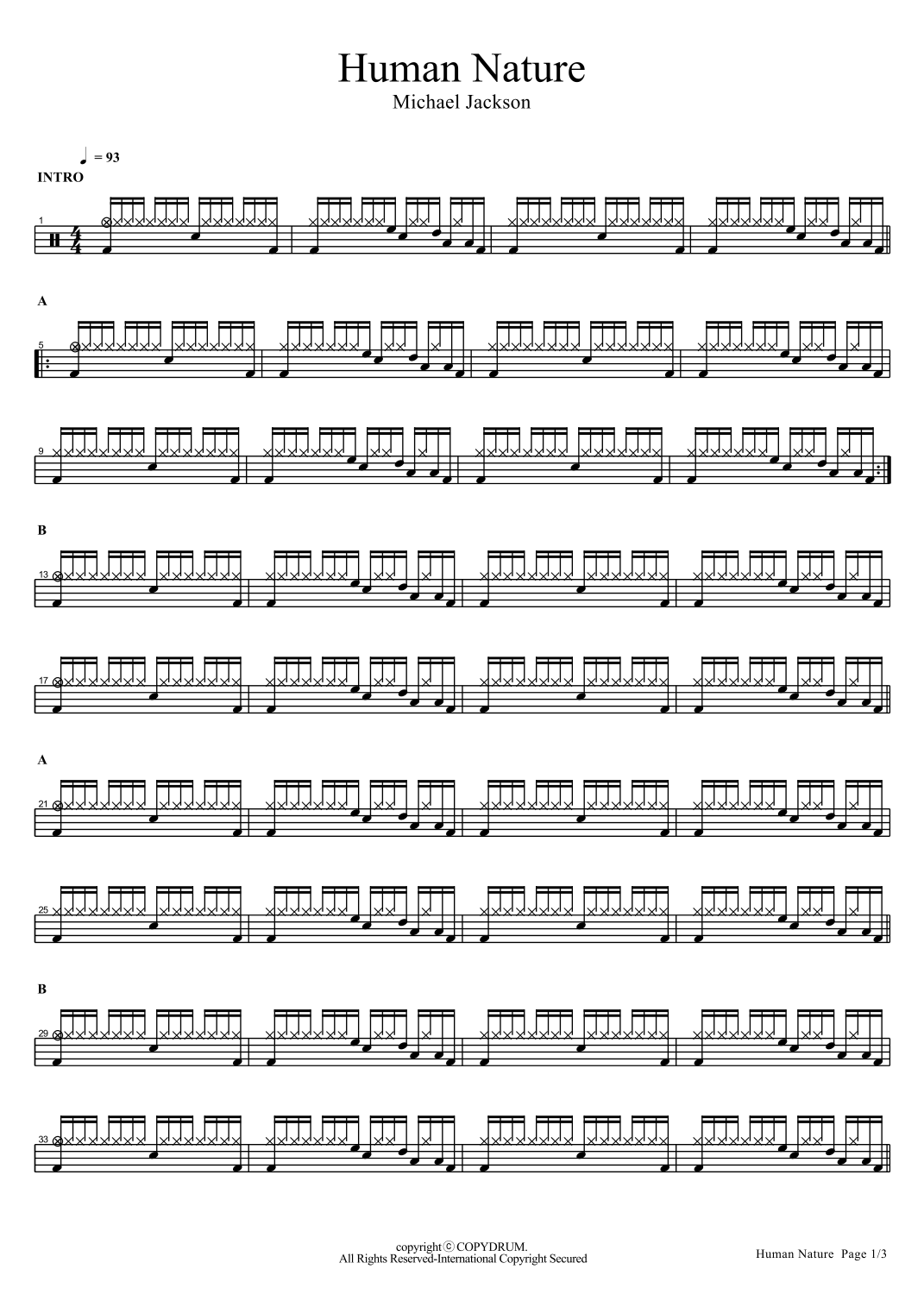 Human Nature by Michael Jackson Sheet Music for Drums (arr