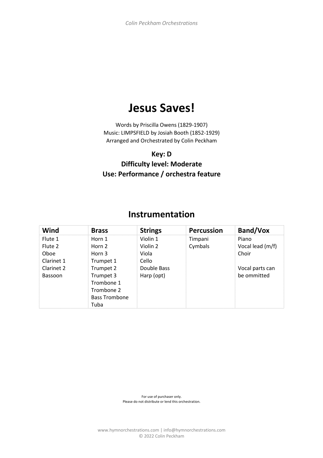 Jesus Saves! (We have heard the joyful sound) (Limpsfield) (arr. Colin Peckham) by Josiah Booth (1852-1929) 管弦乐团 - 预览