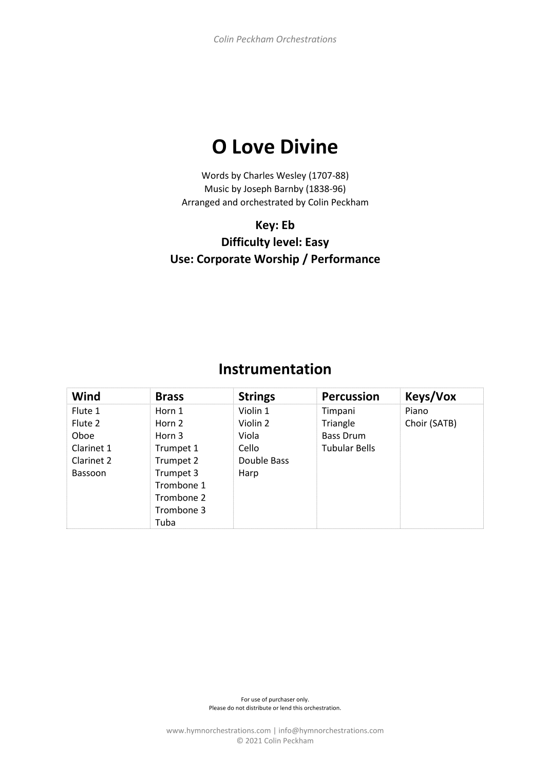 O Love Divine (arr. Colin Peckham) by Charles Wesley (1707-88) Full Orchestra