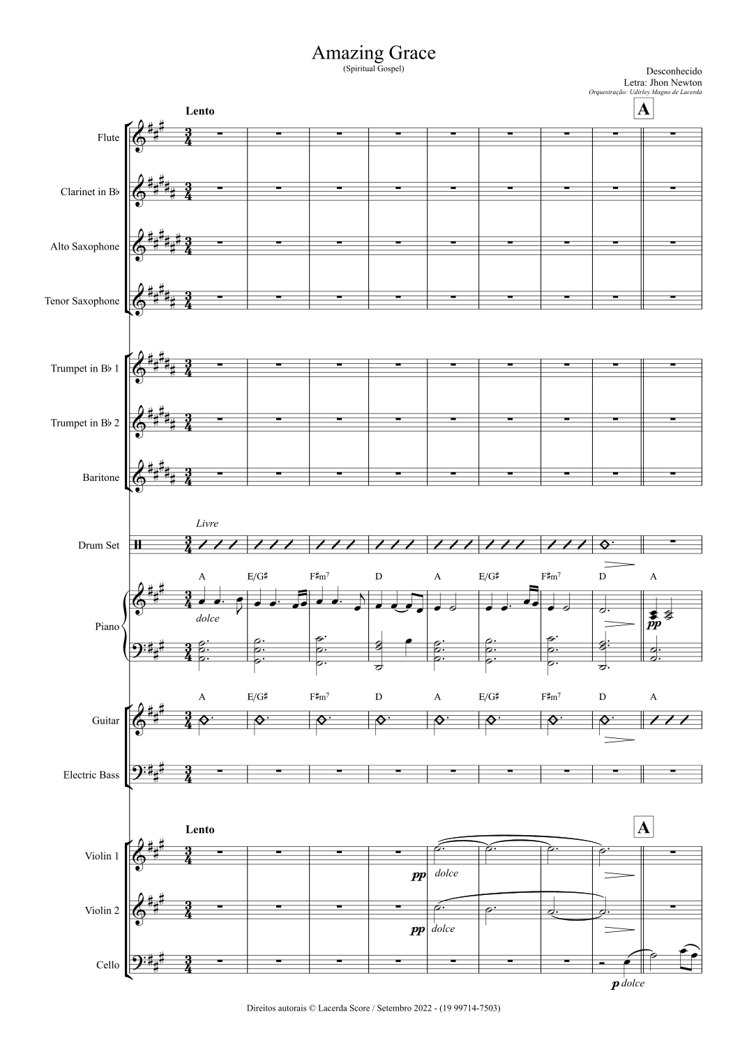 奇异恩典 Amazing Grace (arr. Udirley Magno Lacerda) by Lacerda Score 管弦乐团 - 预览