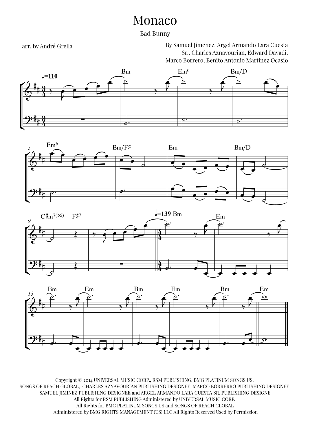 Monaco by Bad Bunny Sheet Music for Instrumental Duet (arr. André ...