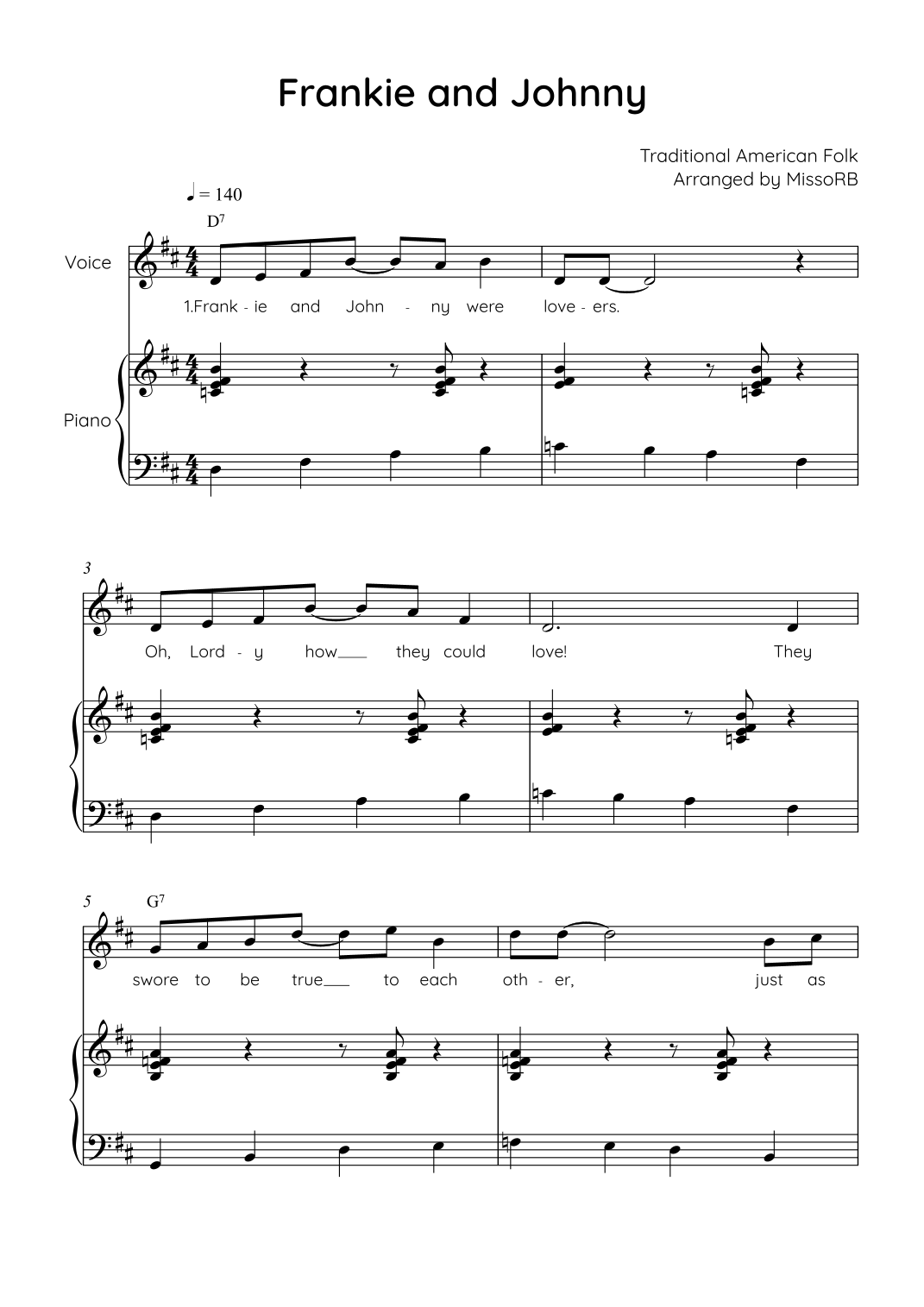 FRANKIE AND JOHNNY - VOICE WITH PIANO IN D EASY WITH CHORDS AND LYRICS ...