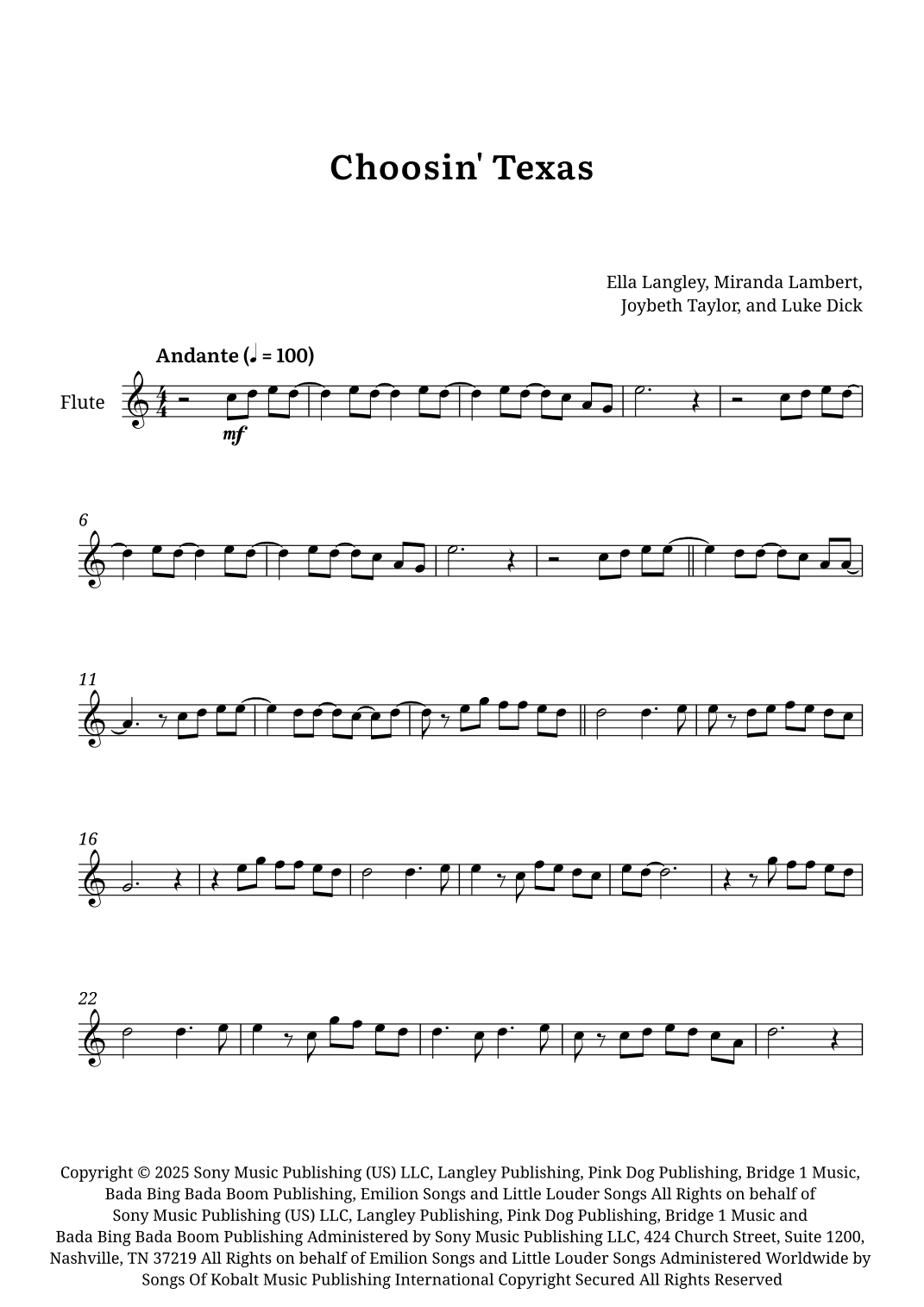 Choosin' Texas by Ella Langley Sheet Music for Flute Solo (arr