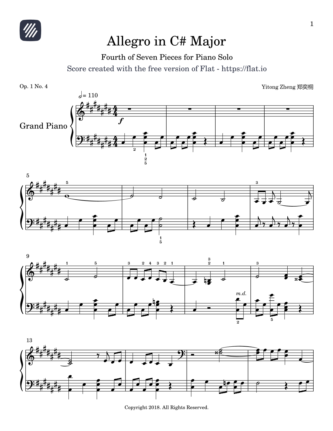 Allegro in C$ Major Op. 1 No. 4 by Yitong Zheng Sheet Music for Piano ...