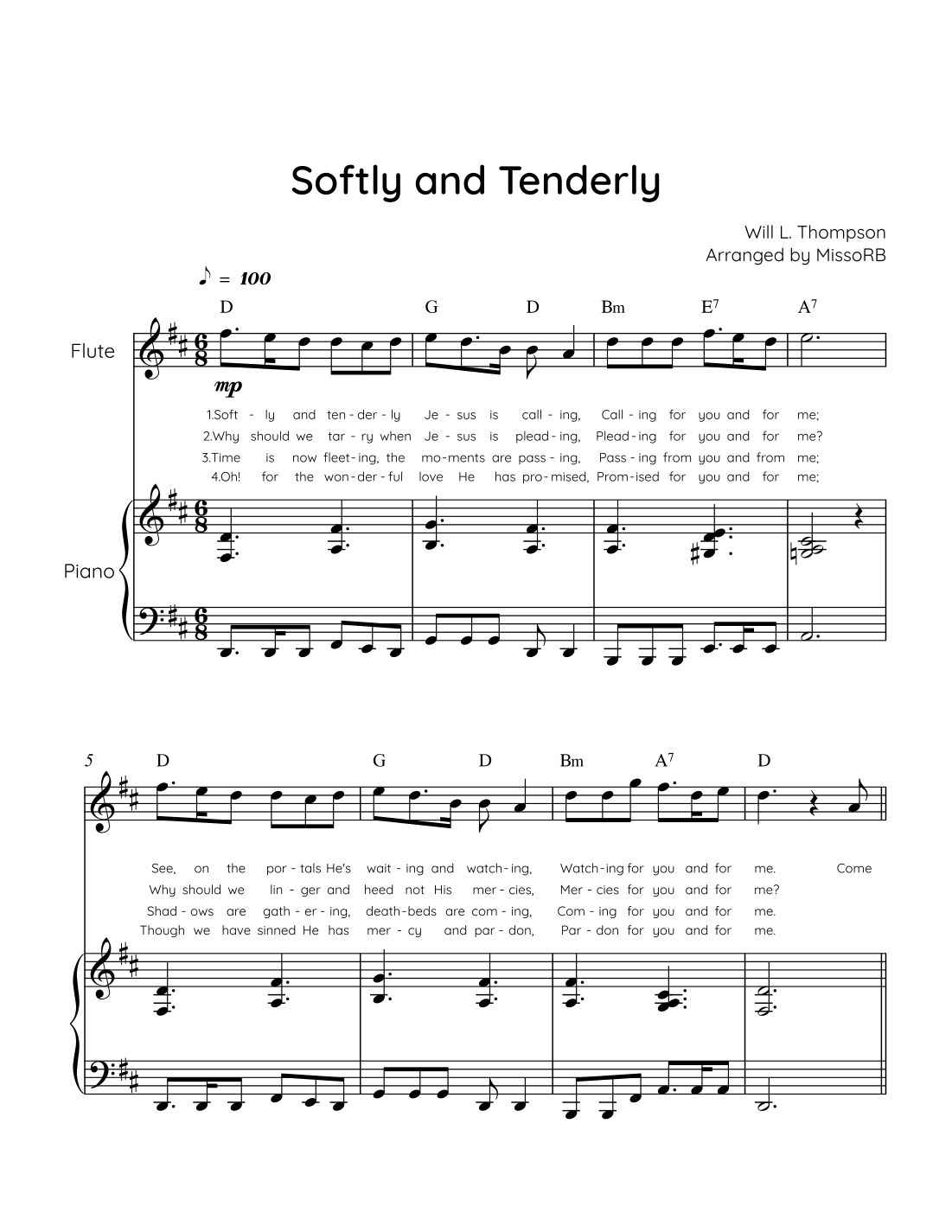 Softly Notes Softly and Tenderly - Flute & Piano in D With Chords & Lyric - Easy ...