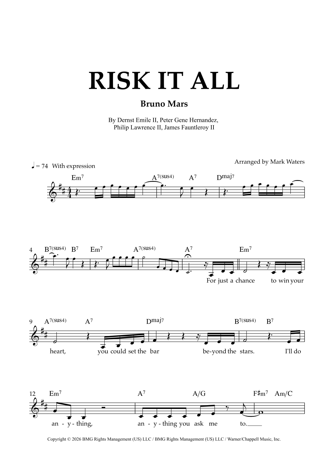 Risk It All by Bruno Mars Sheet Music for Lead Sheet / Fake Book (arr ...