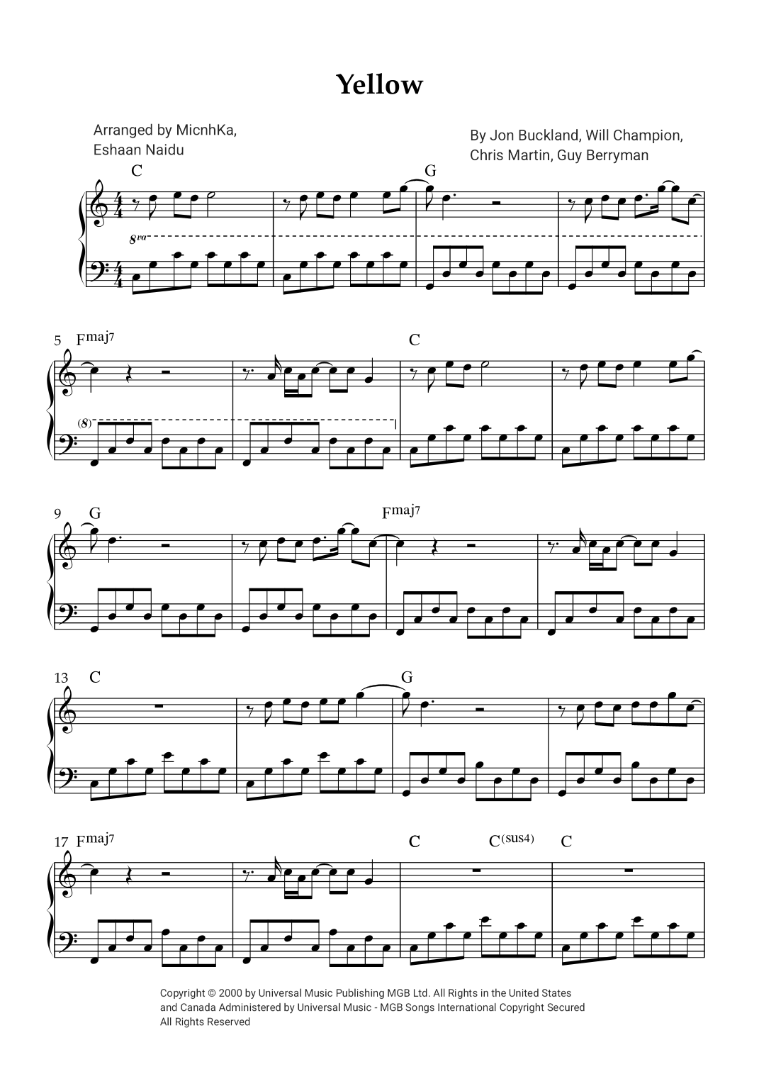 Yellow Score Singer Yellow (arr. MichKa and Eshaan Naidu) by Coldplay Sheet Music for Piano ...