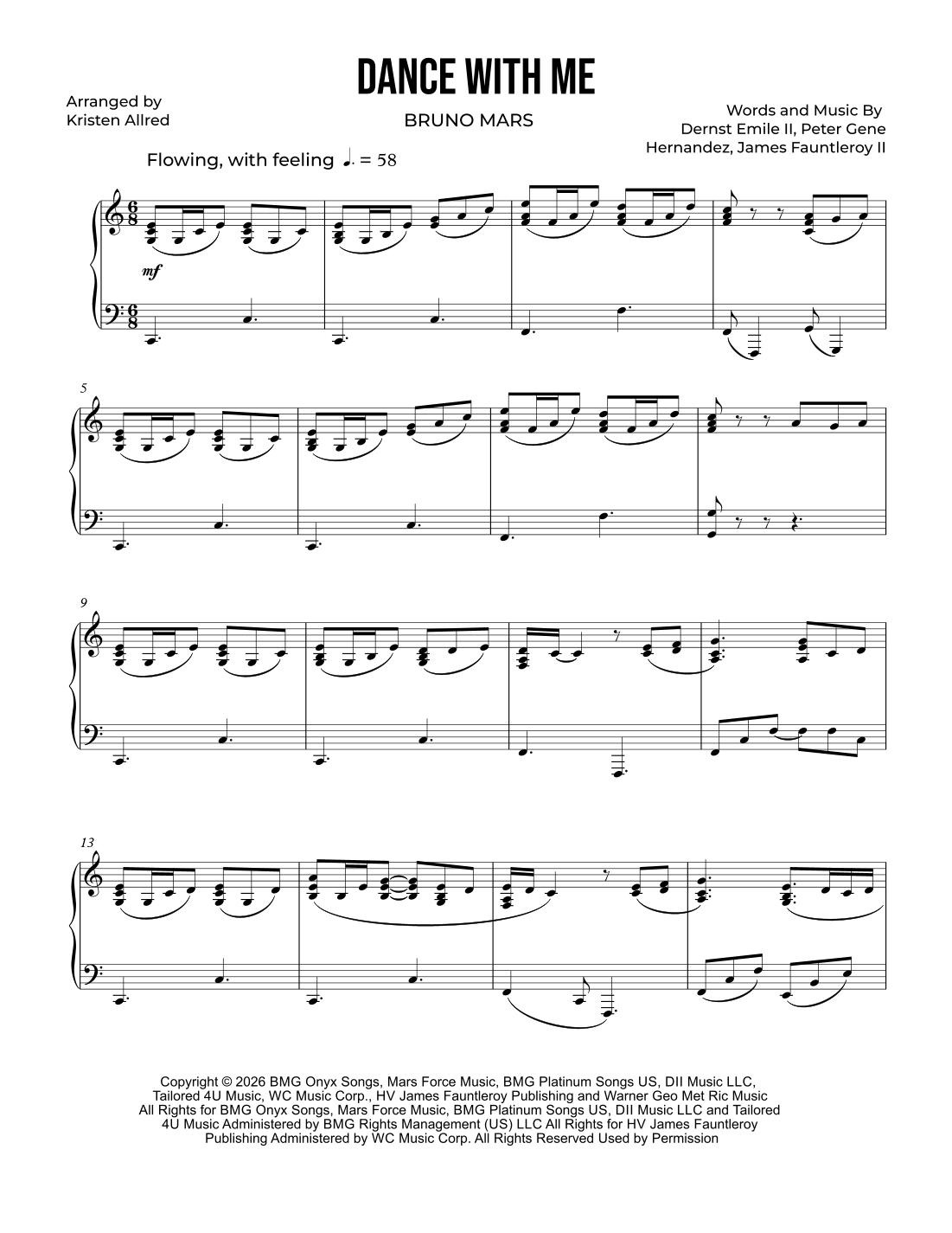 DANCE WITH ME PAR BRUNO MARS PARTITIONS POUR PIANO SOLO (ARR. KRISTEN ALLRED) SUR SHEET MUSIC DIRECT