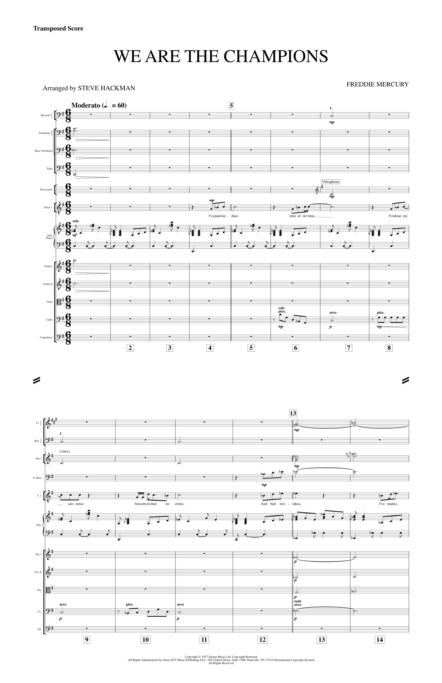 We Are The Champions Score Only (arr. Steve Hackman) by Queen Sheet