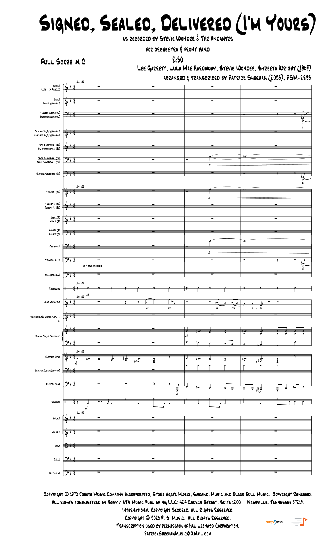 Signed, Sealed, Delivered I'm Yours (arr. Patrick Sheehan) by Stevie Wonder Full Orchestra