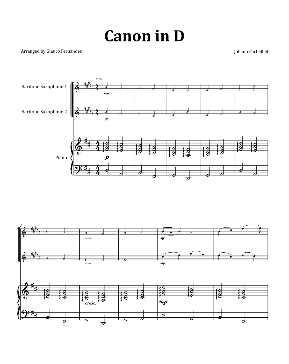 Canon by Pachelbel Baritone Saxophone Duet with Piano (arr. Glauco Fernandes) Sheet Music