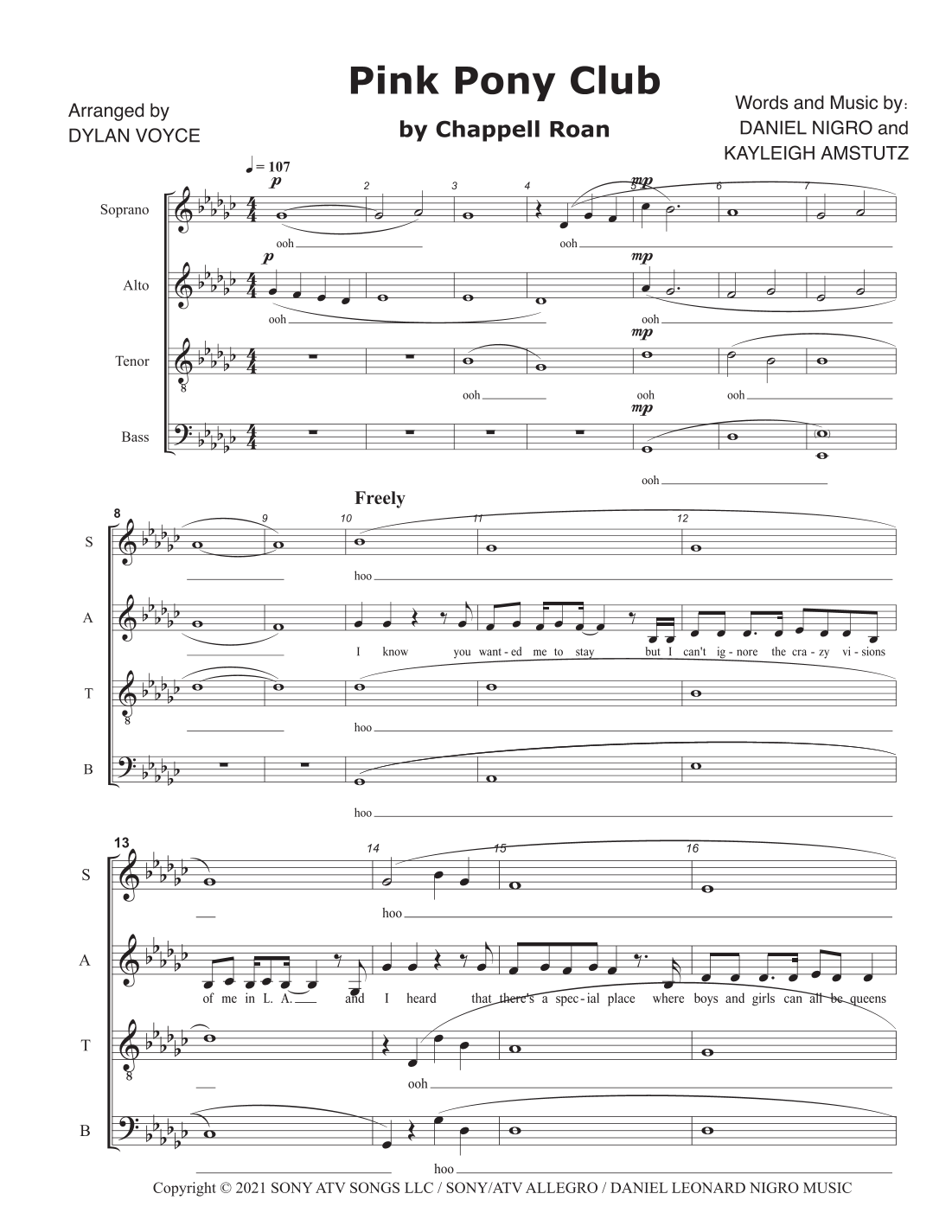 Pink Pony Club By Chappell Roan Sheet Music For SATB Choir arr Dylan 