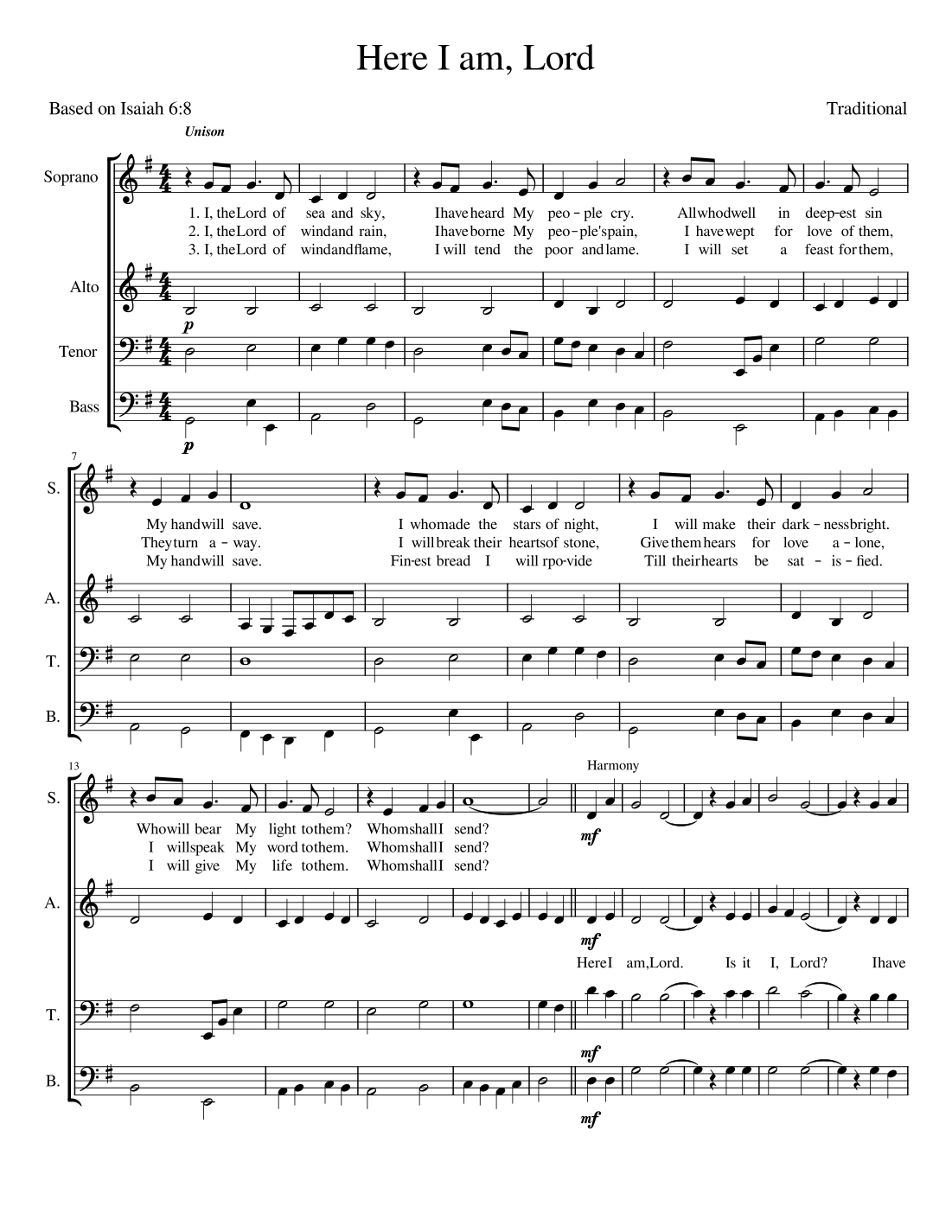 Here I Am Lord arr Unknown By Traditional Sheet Music For SATB Choir Here i am lord arr unknown by traditional sheet music for satb choir