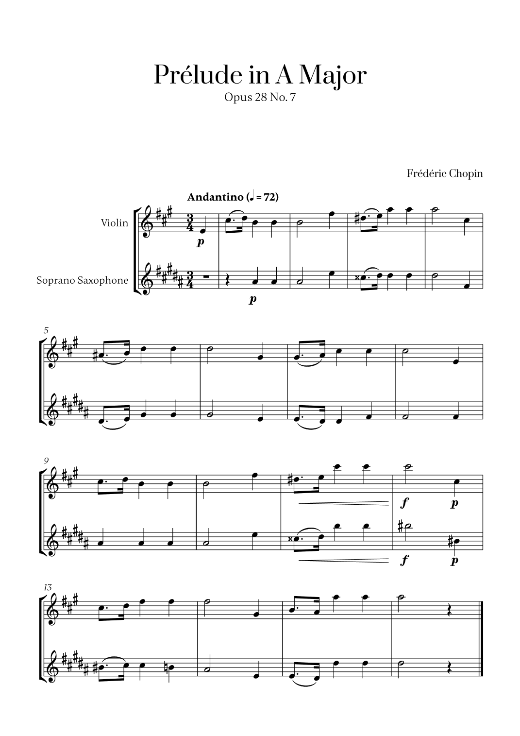 Chopin - Prelude in A Major Op. 28 No. 7 (for Violin and Soprano Saxophone) (arr. Cadenza Editions) Partition Digitale