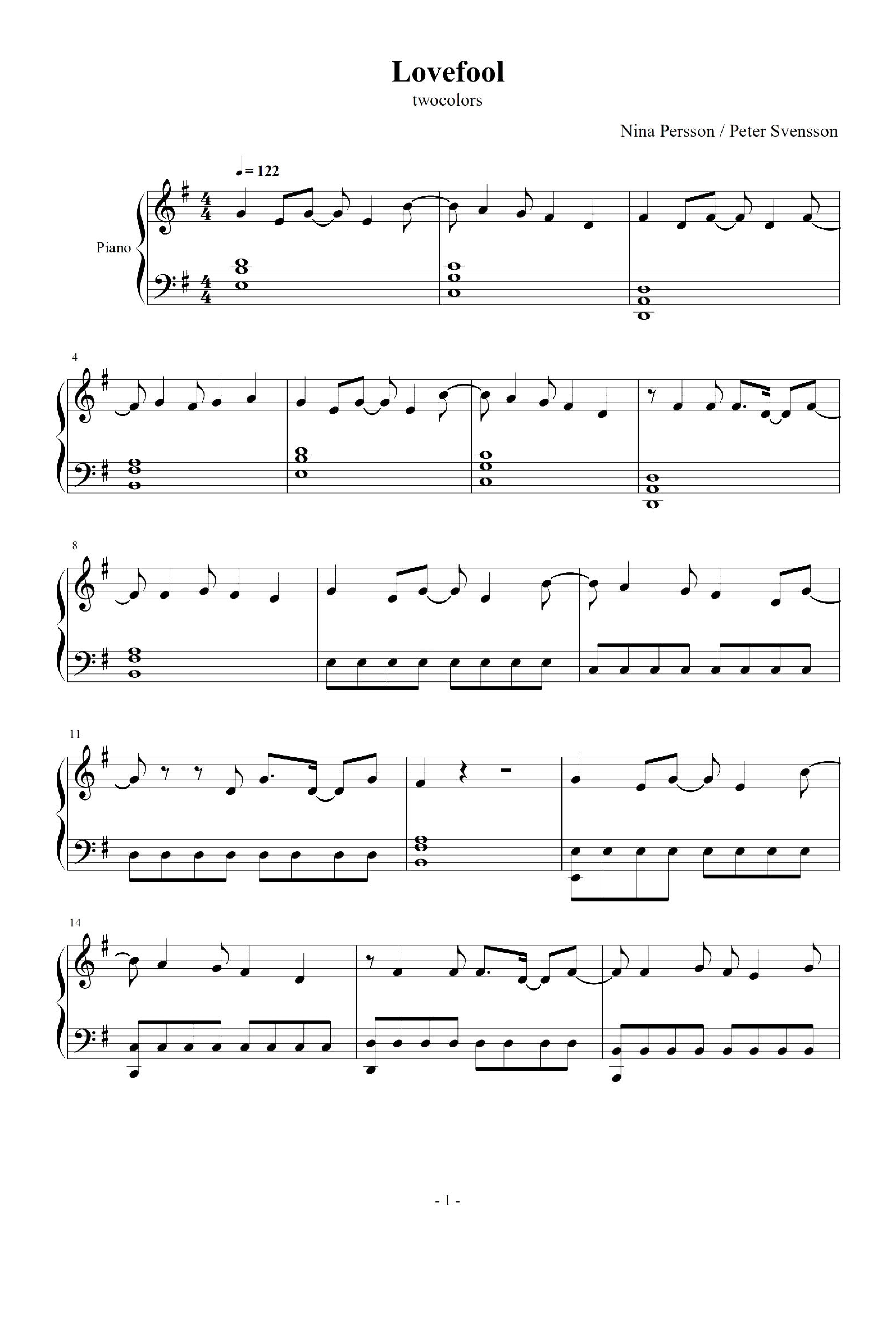 Lovefool (arr. twocolors) by The Cardigans Sheet Music for Piano Solo ...