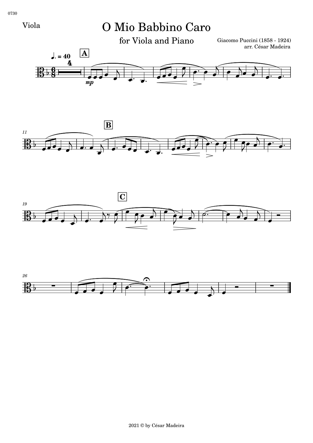 O Mio Babbino Caro by Puccini Viola and Piano (Individual Parts) (arr