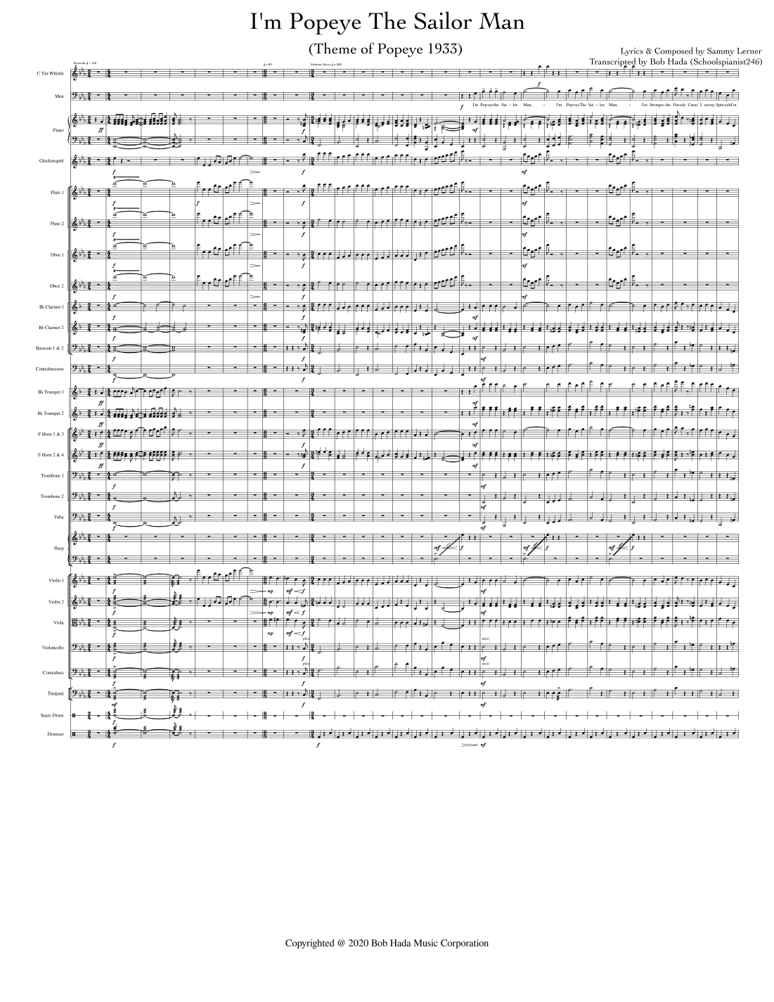 I'm Popeye The Sailor Man (arr. Bob Hada (Schoolspianist246)) by Sammy Lerner Full Orchestra