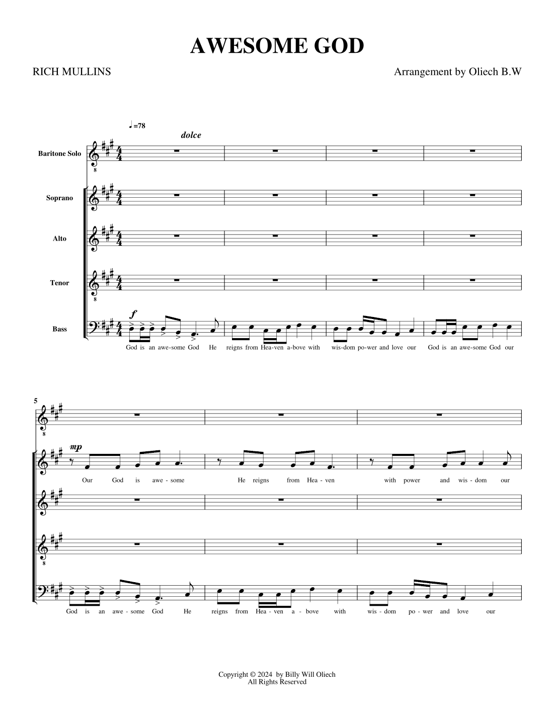 Awesome God (arr. Billy Will Oliech por Rich Mullins Partituras para SATB Coro en Sheet Music Direct