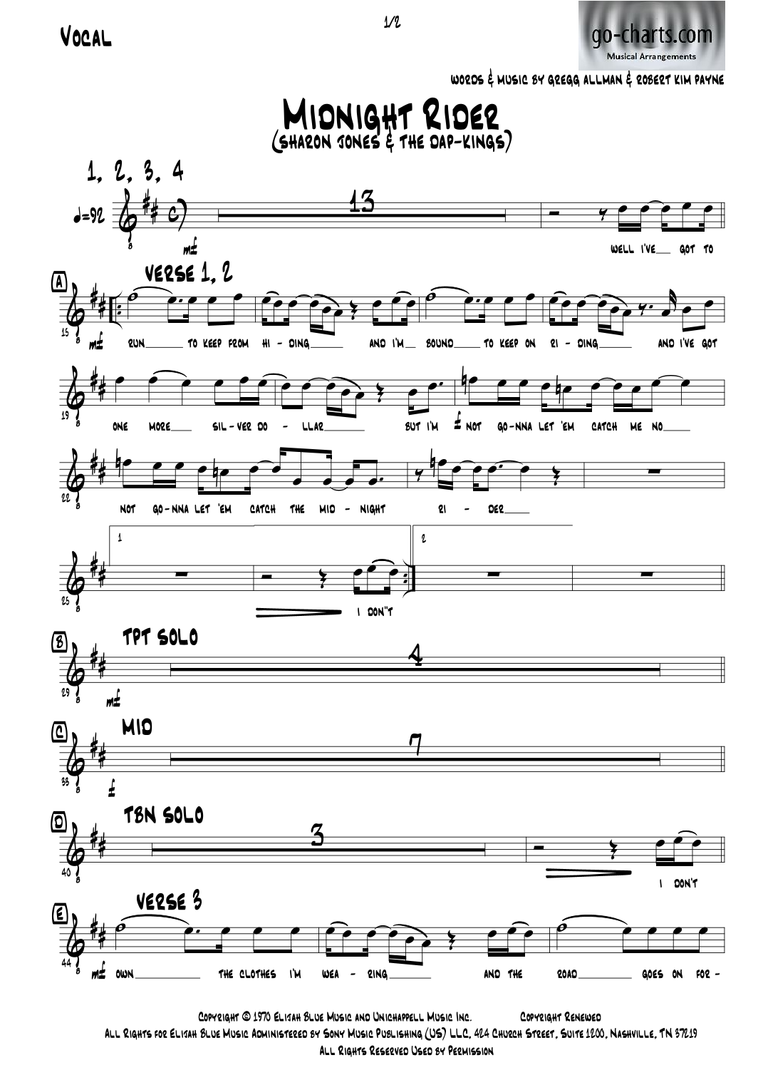 Midnight Rider (arr. Andy Davidson go-charts.com) by The Allman Brothers Band 管弦乐团 - 预览