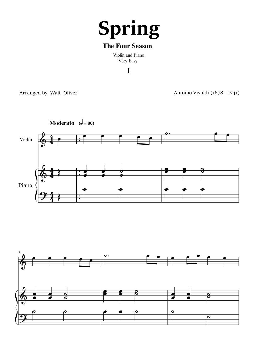 Vivaldi - The Four Seasons - Spring - Violin and Piano - Very Easy ...