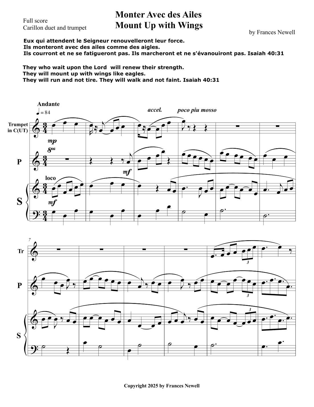 Monter Avec des Ailes-Mount Up with Wings Carillon Duet with Trumpet by Frances Newell Full Orchestra