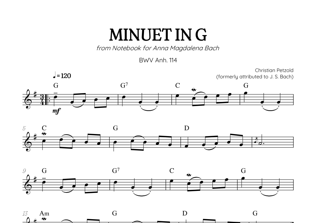 Petzold (Bach) Minuet in G BWV Anh 114 oboe solo (with chords) (arr