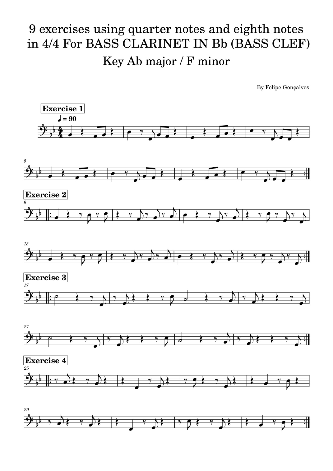 9 exercises using quarter notes & eighth notes for BASS CLARINET IN Bb ...