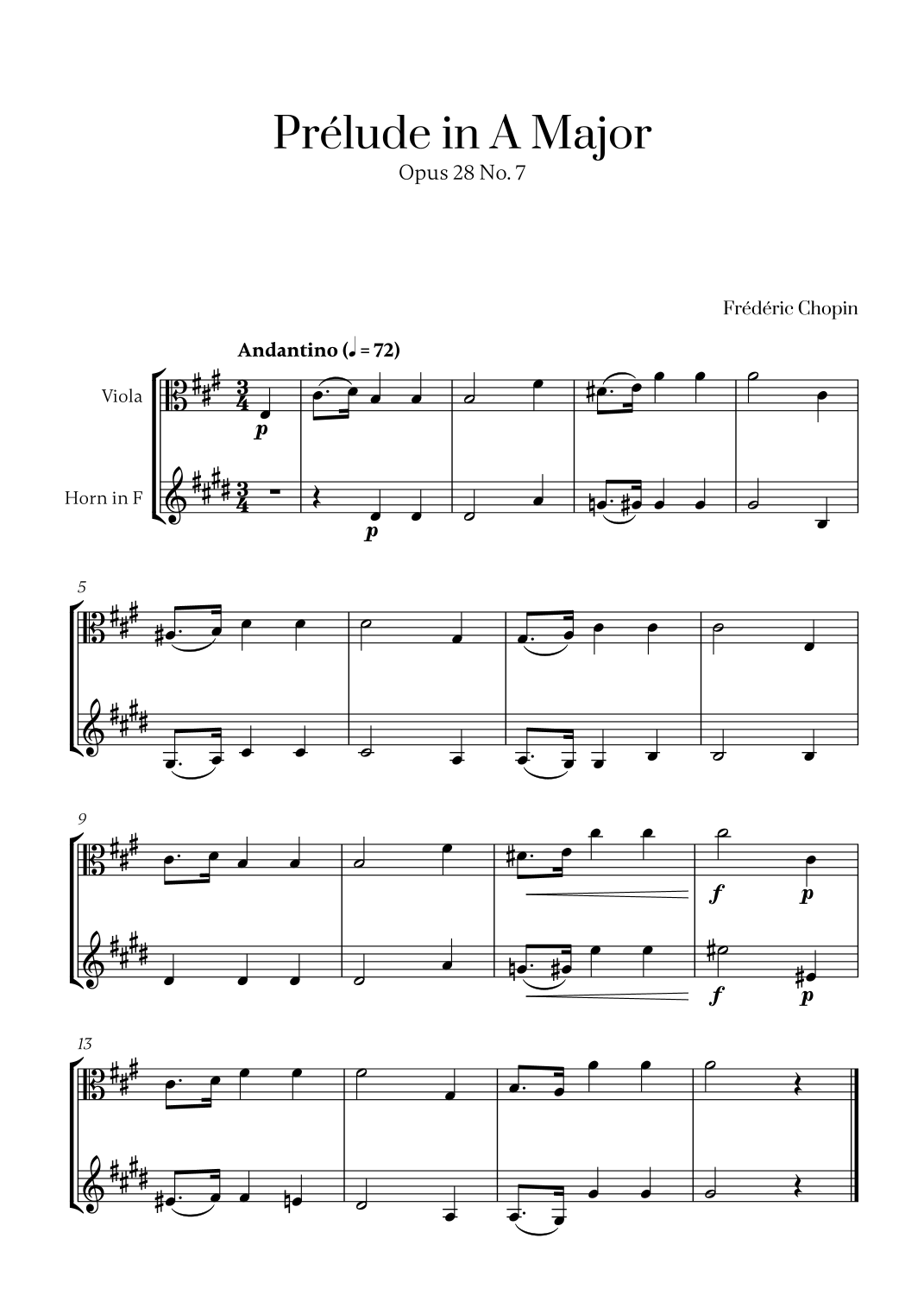 Chopin - Prelude in A Major Op. 28 No. 7 (for Viola and French Horn) (arr. Cadenza Editions) Digital Sheet Music