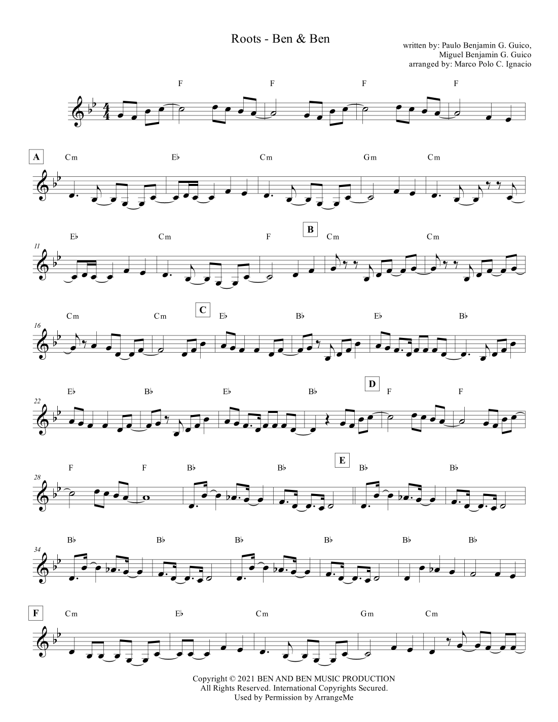 Roots (arr. Marco Polo Ignacio) by Ben And Ben Sheet Music for Lead ...