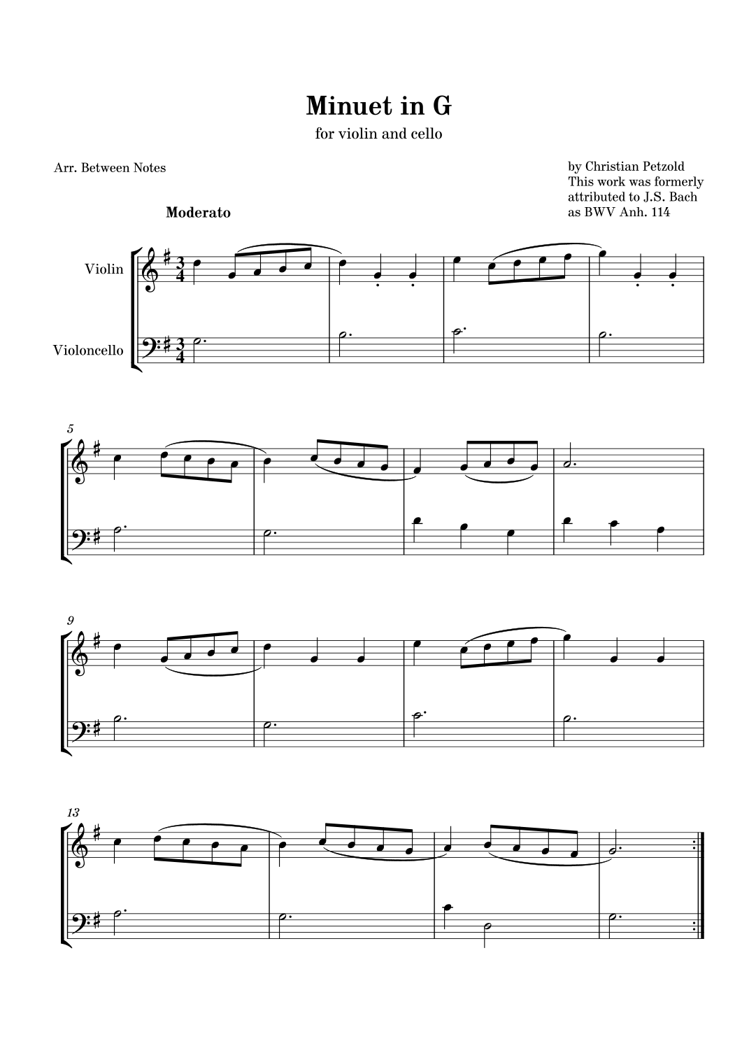 Music Instrumental Notes.pdf Minuet in G (arr. Between Notes by Johann Sebastian Bach Sheet Music ...