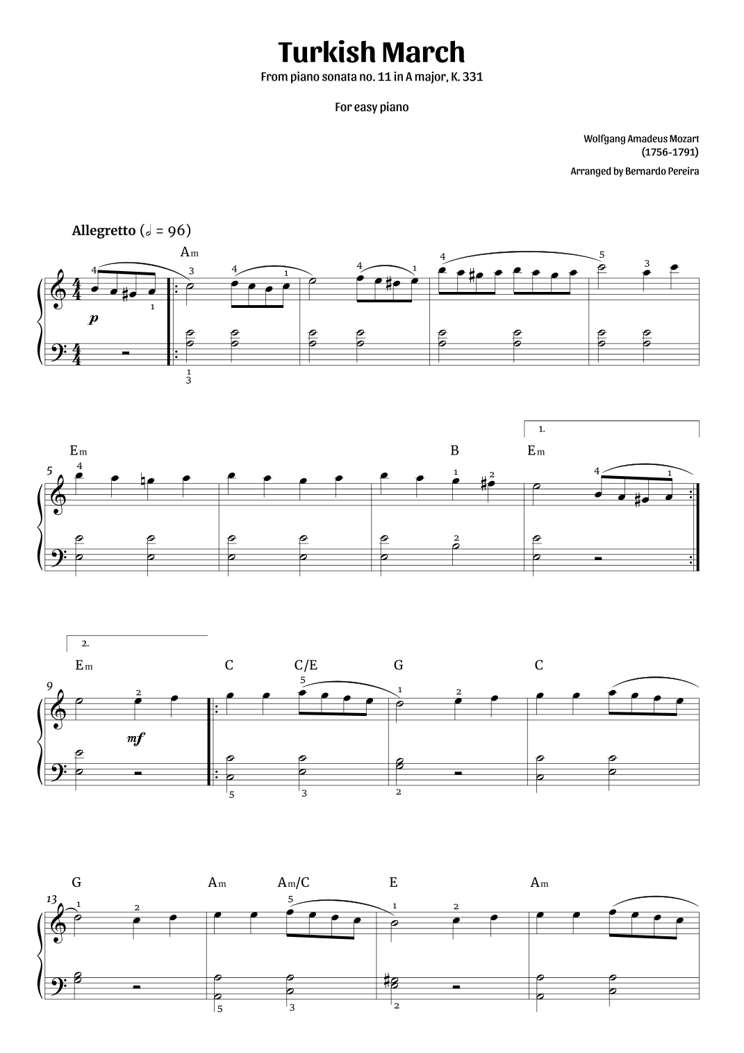 Turkish March easy Piano arr Bernardo Pereira By Wolfgang Amadeus 
