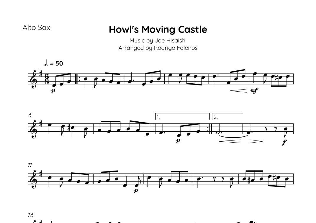 Howl's Moving Castle by Joe Hisaishi Sheet Music for Alto Sax Solo