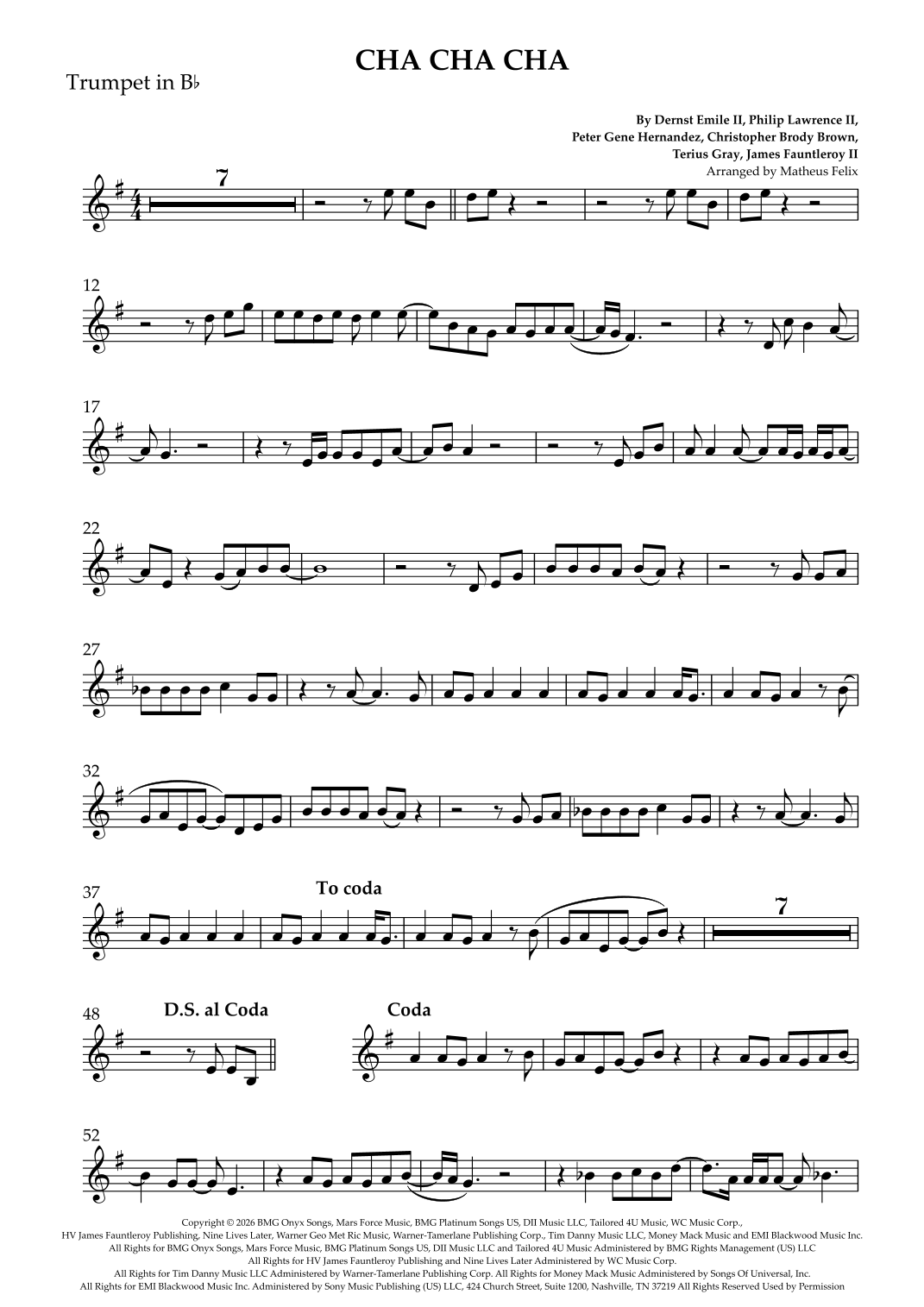 Cha Cha Cha (arr. Matheus Felix by Bruno Mars Sheet Music for Trumpet ...