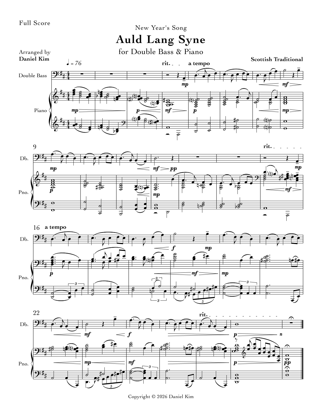 Auld Lang Syne (Double Bass & Piano) by Scottish Traditional Sheet ...