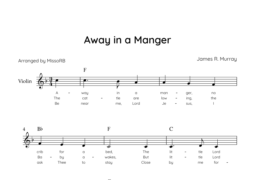 Away in a Manger - Violin in F Major With Chords & Lyrics - Easy (arr ...
